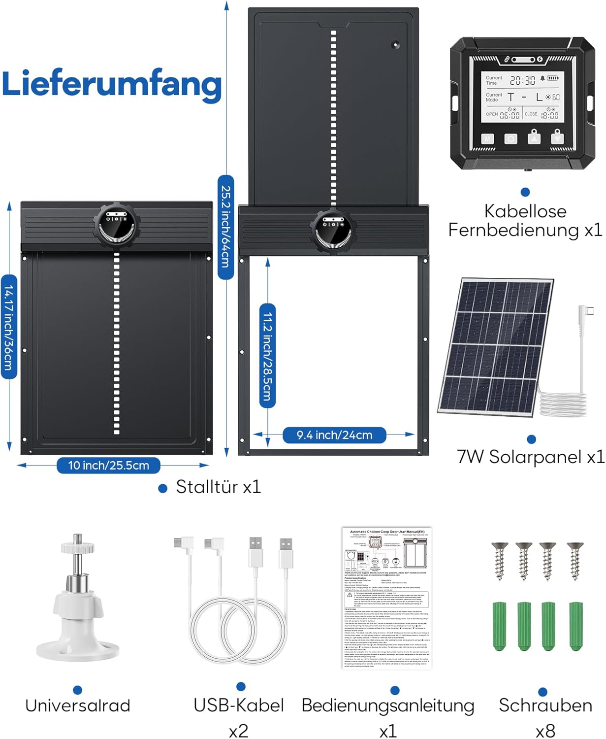Image showing all components included in the package: chicken coop door, wireless remote control, 7W solar panel, universal bracket, USB cables, instruction manual, and screws.
