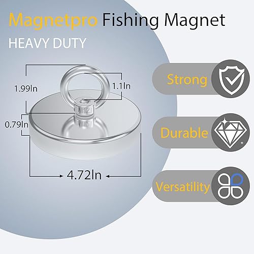 Miniatura 3 de Magnetpro Imán de pesca, más de 1700 libras de fuerza de tracción fuerte imán de neodimio resistente, imanes de tierras raras con perno de ojo,