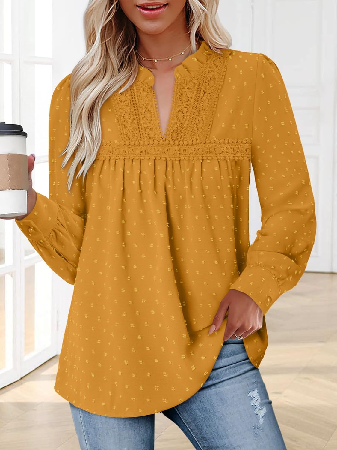 BETTE BOUTIK Womens Boho Fall Fashion Tops Long Sleeve Casual Shirts Flowy Swiss Dot Blouses - Image 3