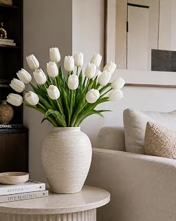 20 White Artificial Tulips, 13.5-Inch Real Touch PU Faux Flower Stems with Bendable Wire for Home Decor, Wedding Centerpieces & Bridal Bouquets