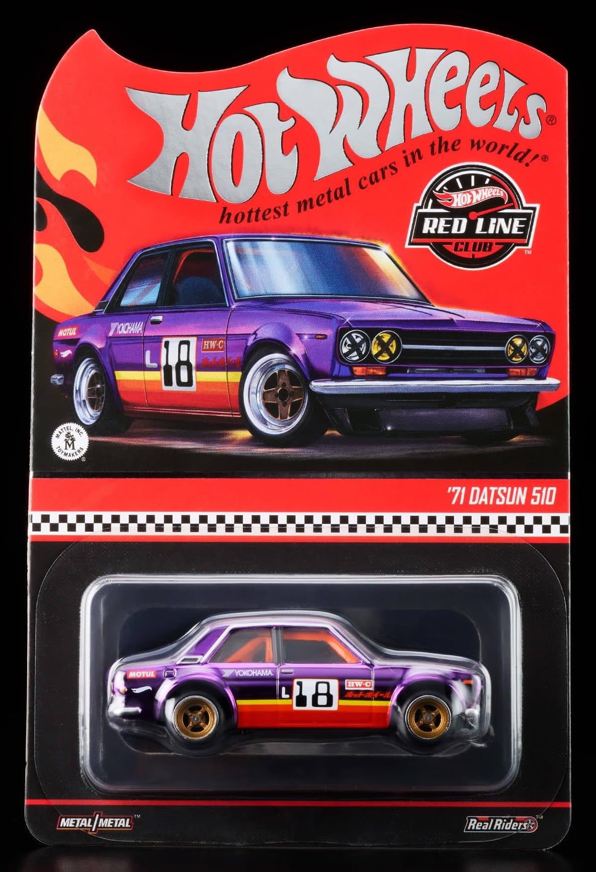 Hot Wheels RLC '71 Datsun 510, Spectraflame Purple, w skali 1:64, odlewany metalowy samochód z otwieraną maską, prawdziwe złote koła jeźdźców, ekskluzywna kolekcja
