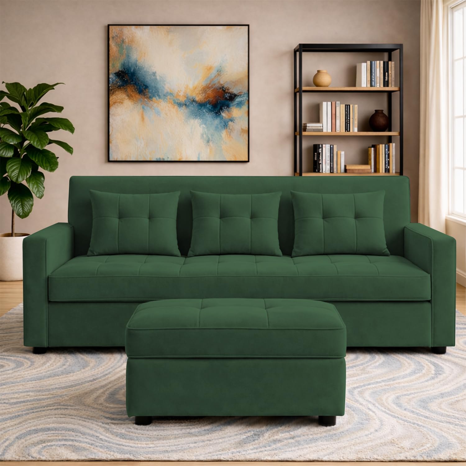 COMFORTAURA Treshta 3 Seater with Ottomon Pull-Out Sofa Cum Bed (Green Color) Premium Fabric Sofa Set for Living Room | Bedroom-image-27