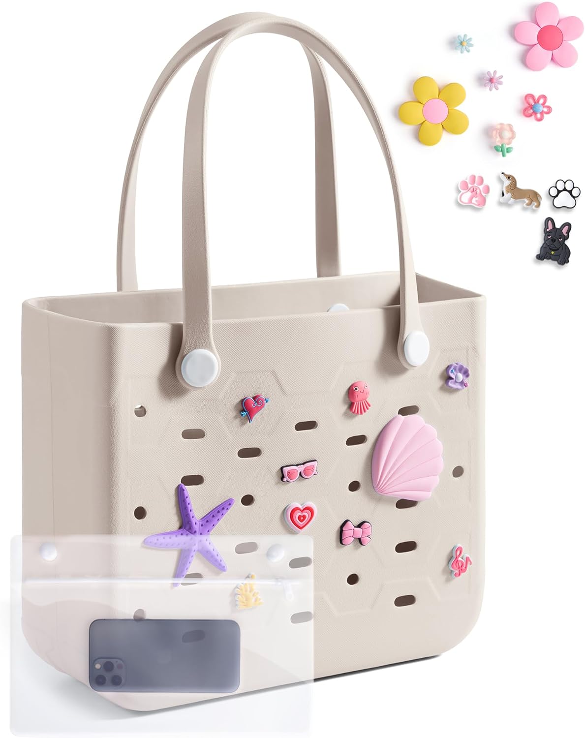 BAGSMART Beach Bag for Women, Water-resistant Rubber Tote Bag, Sandproof Vacation Essentials for Summer Swim Cruise Pool