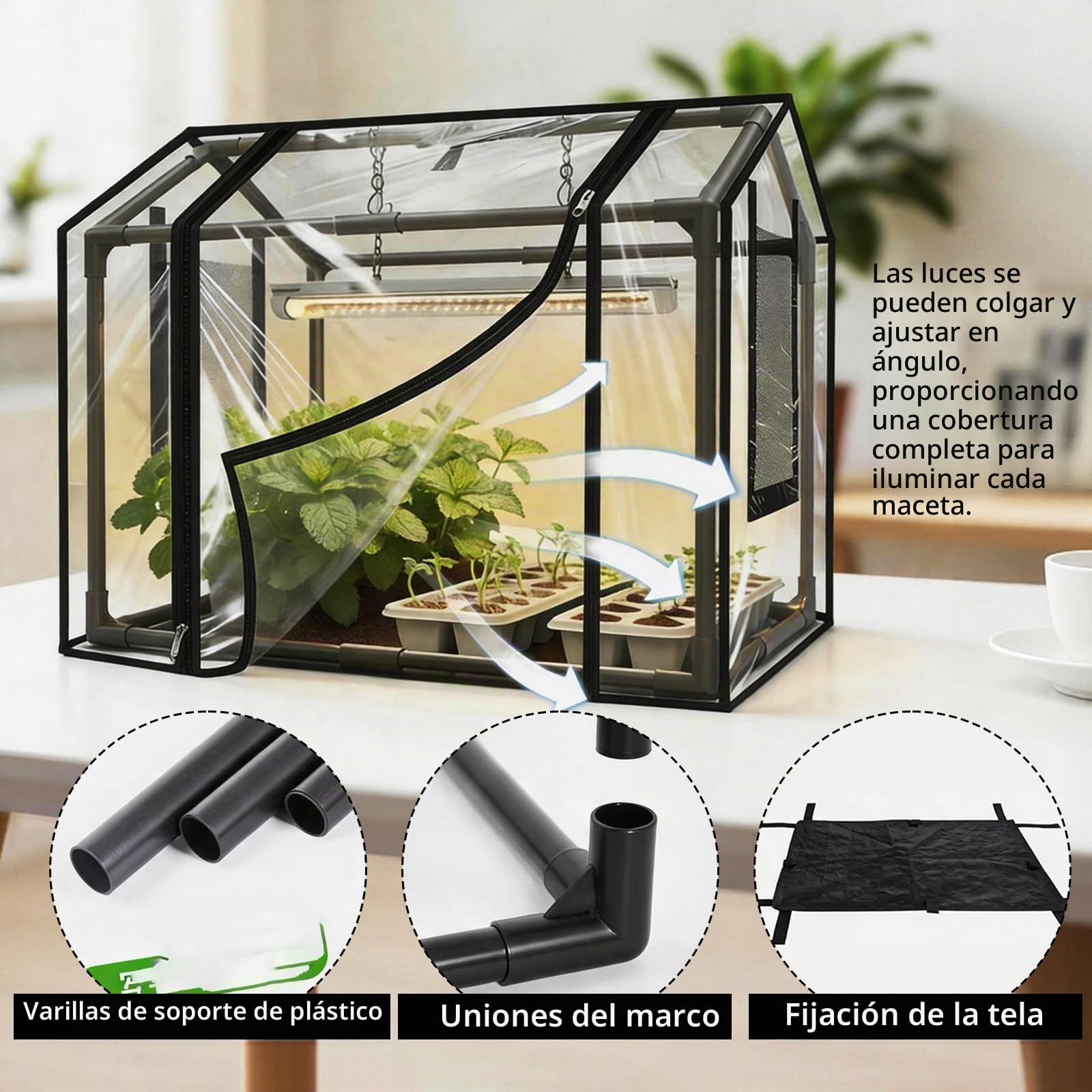 Kit de Plantación, Mini Invernadero con Seis Macetas Pequeñas y Lámpara para Plantas Invernadero de Jardín de PVC de 60 x 40 x 50 cm Cubierta Aislante Transparente para Plantas para Jardín y Balcón
