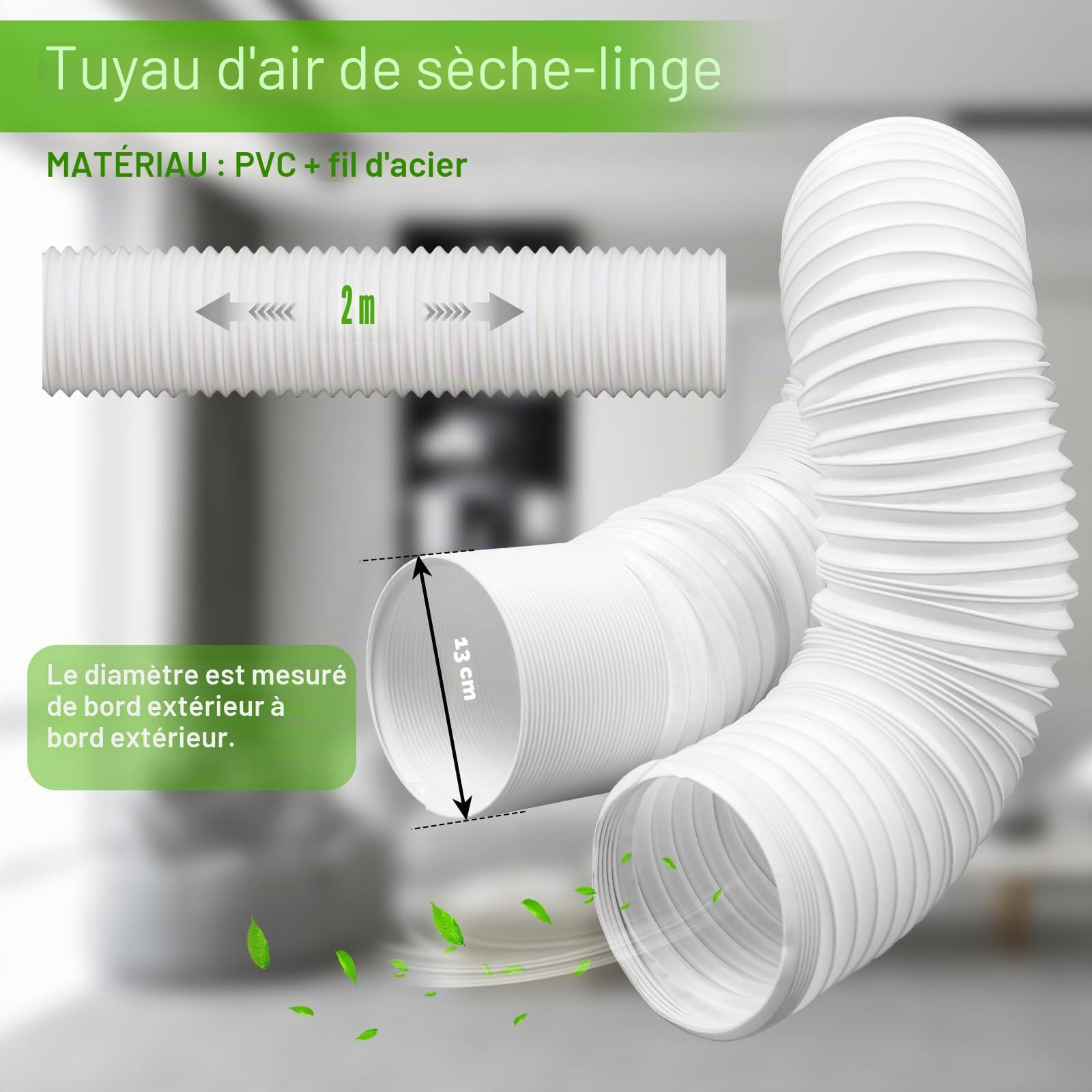 MaxAwe Tuyau de climatisation Ø 130 mm - Longueur : 2 m - Tuyau d'évacuation d'air de climatisation flexible - Tuyau d'évacuation d'air CA pour sèche-linge, hotte aspirante, climatisation, rotation