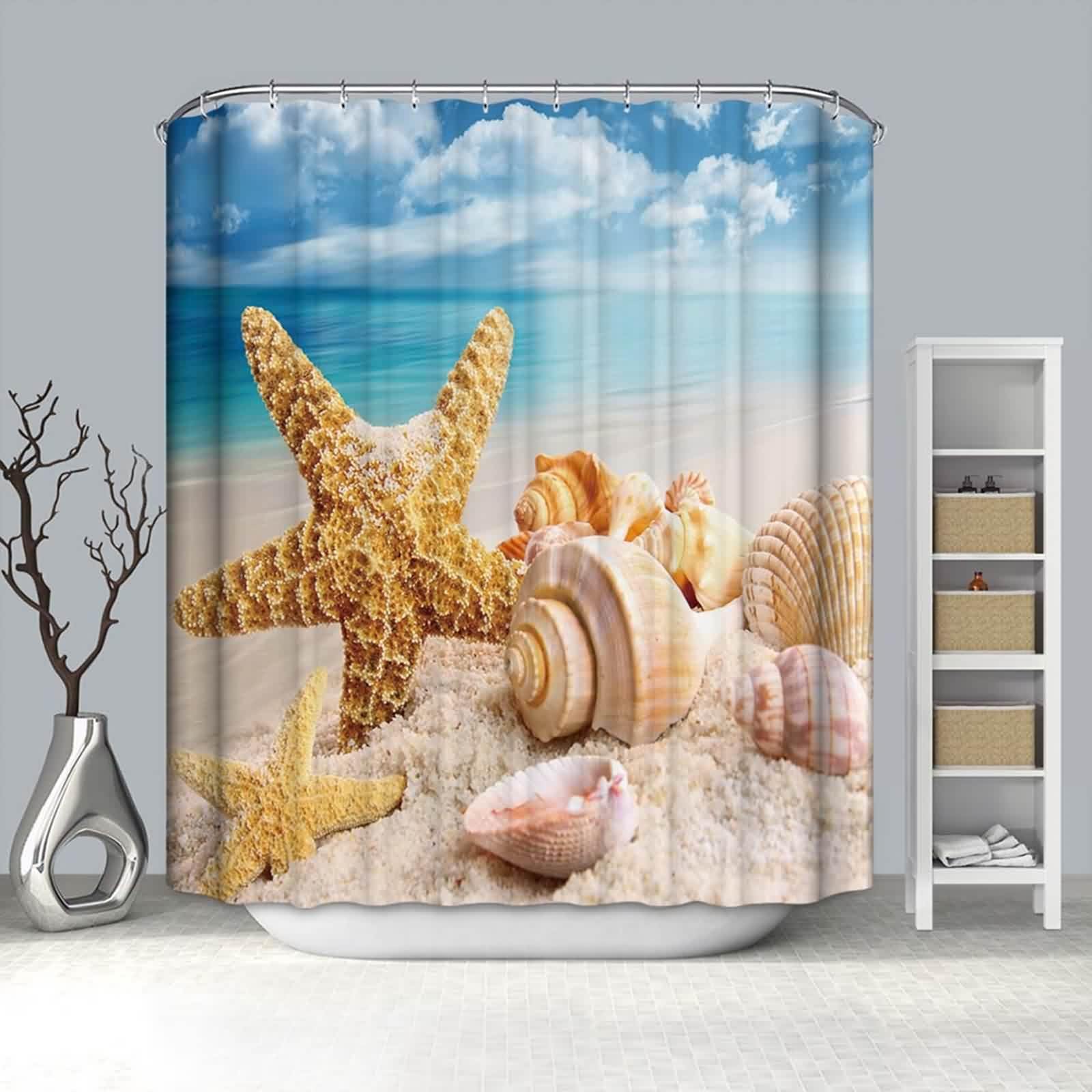 Rideau douche manga pour camping car et meuble de salle de bain motif conque étoile de mer