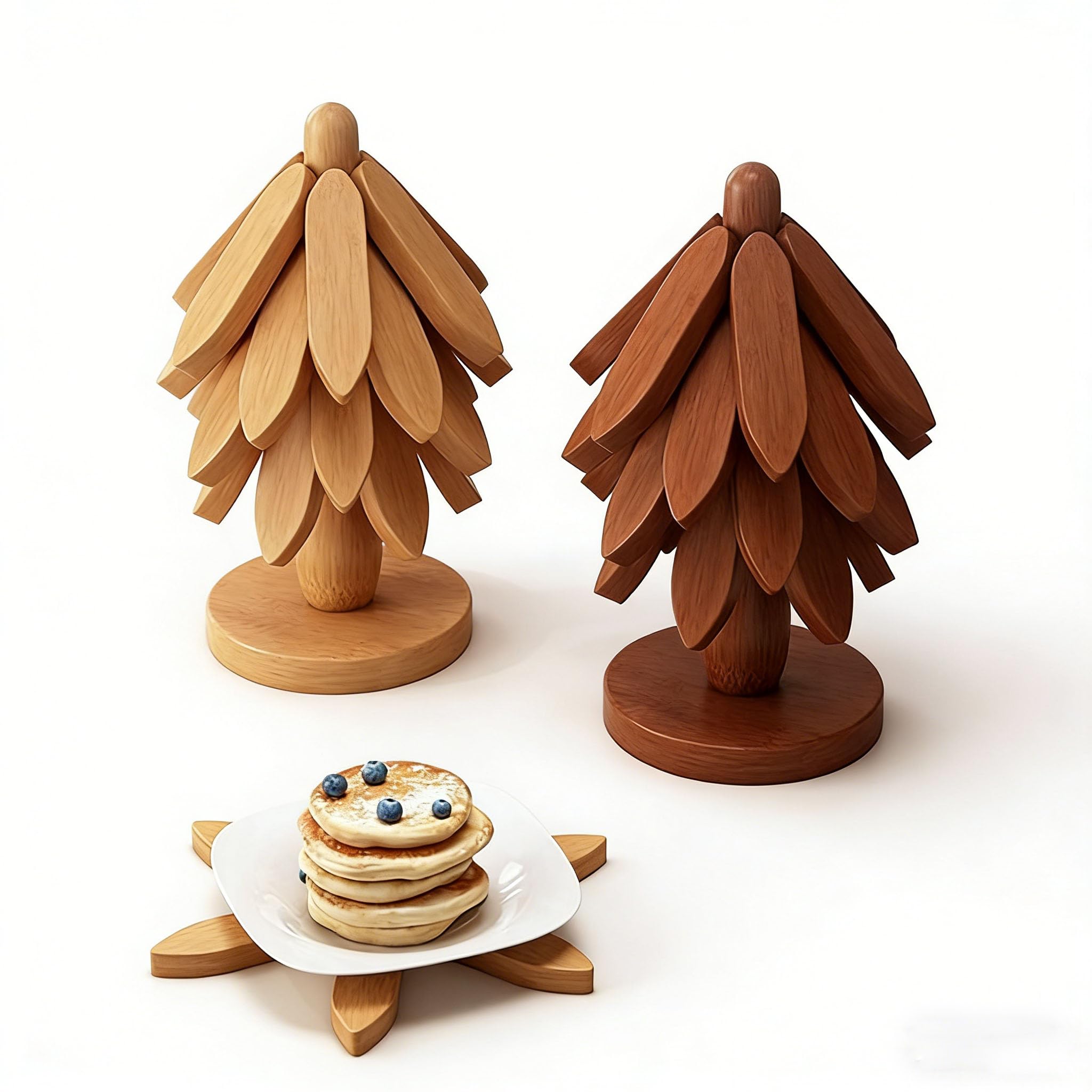 Jorcedi Walnut And Natural Wood Finish Wooden Tree Trivet Set - 2 Pack，8 Wooden Trivets & 2 Stand, Tree Shape Trivets For Hot Dishes, Wood Coasters，Foldable Kitchen Wooden Trivets For Hot Pots And Pans