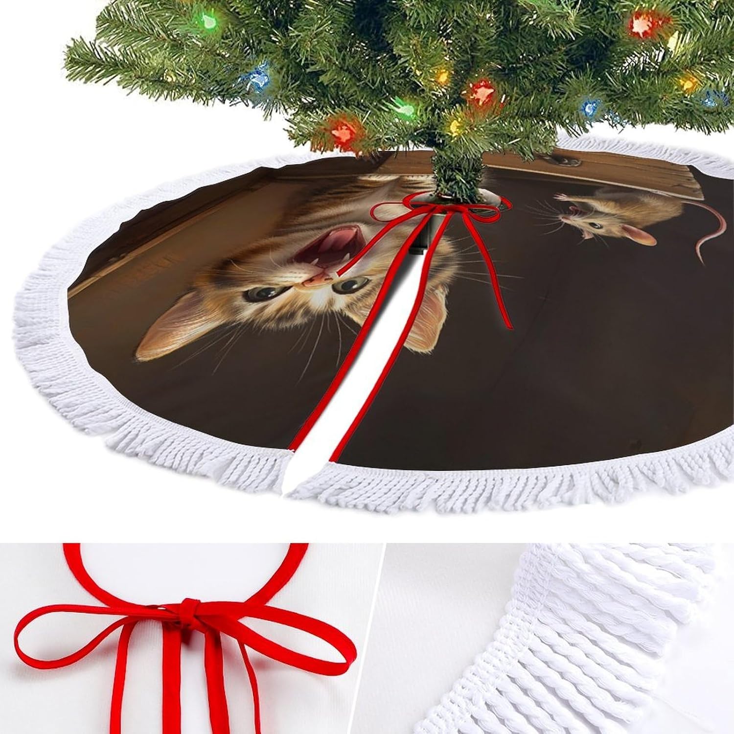 Funny Cat in A Box Rat Christmas Tree Skirt Round Xmas Tree Mat Ornaments Tree Skirts with Tassels for Holiday Party