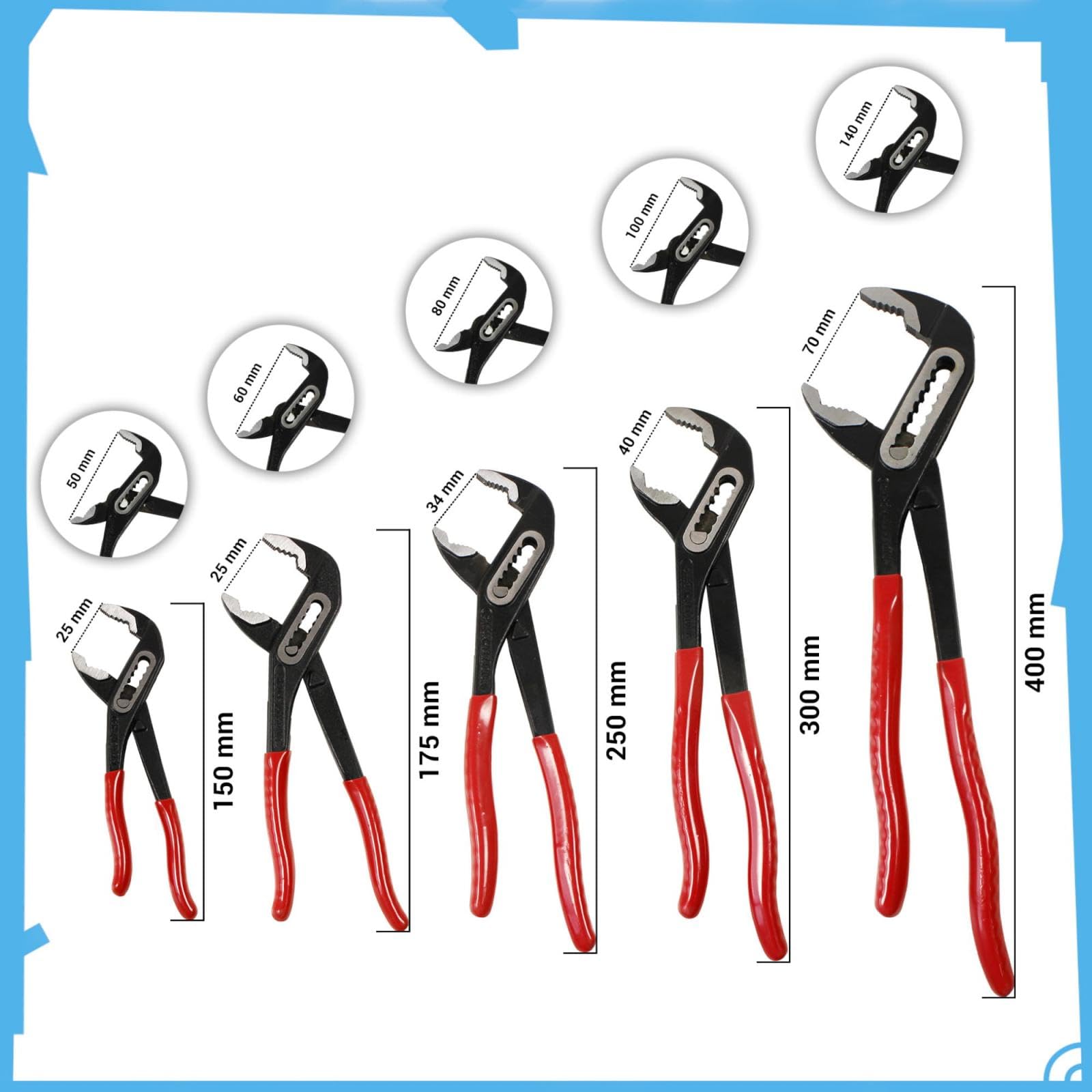 Szczypce do pomp wodnych pojedynczo lub w zestawie · zestaw 4 szt. 175 mm 250 mm 300 mm 400 mm · Wytrzymałe szczypce do precyzyjnego chwytania i trzymania · Idealne do armatury i prac rurowych