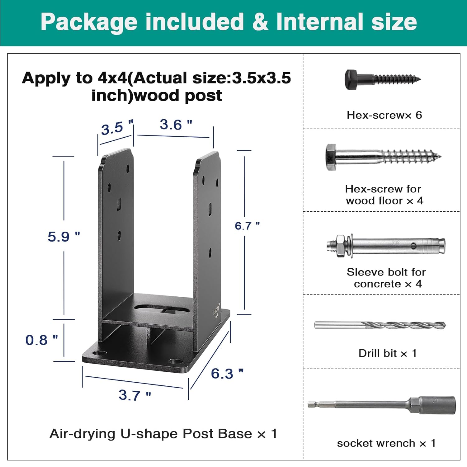 4x4 Post Base, Heavy-Duty Stainless Stee Powder-Coated Fence Post Anchor Base with Air Flow Channel for Decks, Fences, Mailboxes, Gazebos, 1PCS