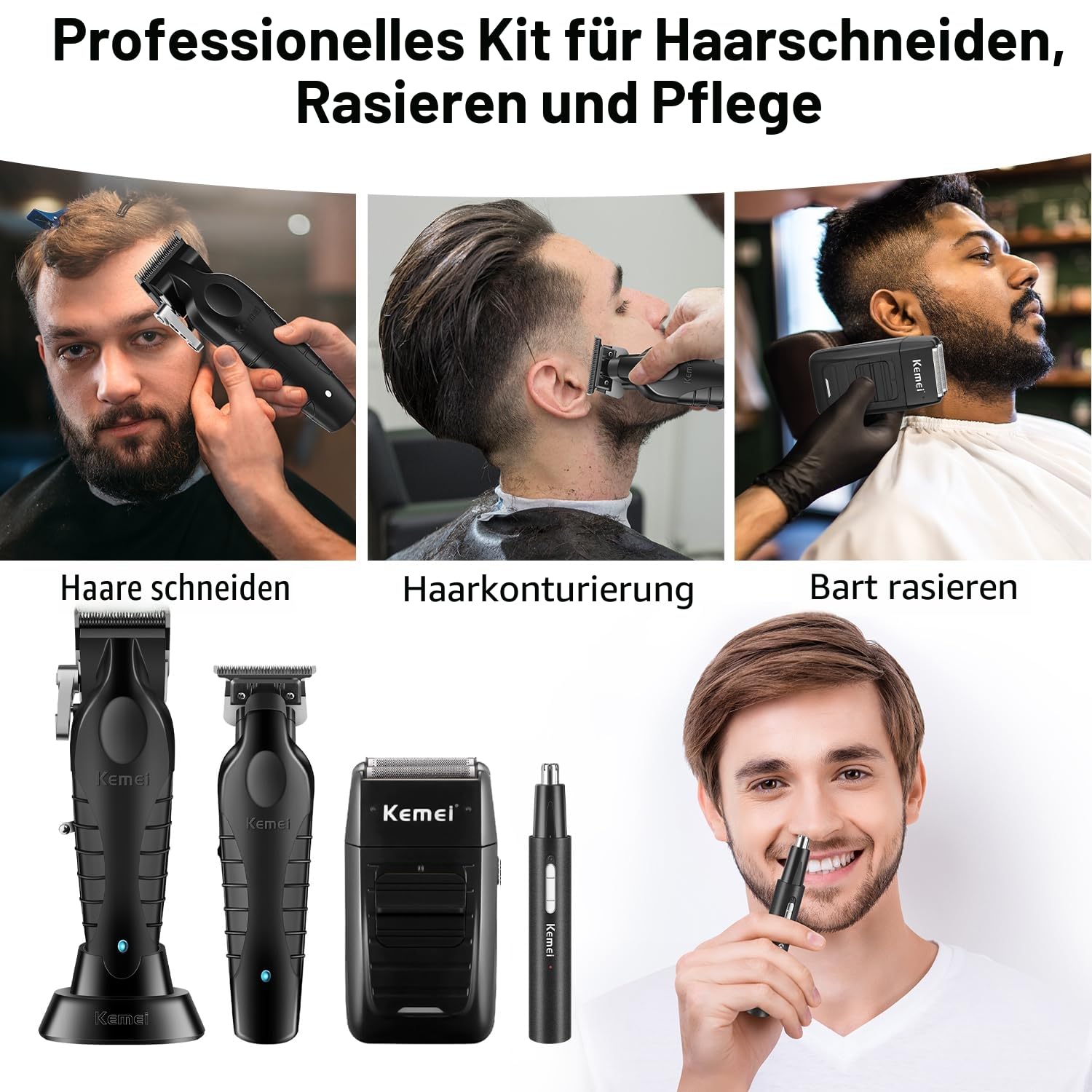 KEMEI Professionelle Haarschneidemaschine für Männer, Schnurloser Haarschneider Bartschneider Folienrasierer Nase Augenbrauen Ohrschneider Set, USB-Aufladung Komplettes Elektrisches Haarschneide-Kit