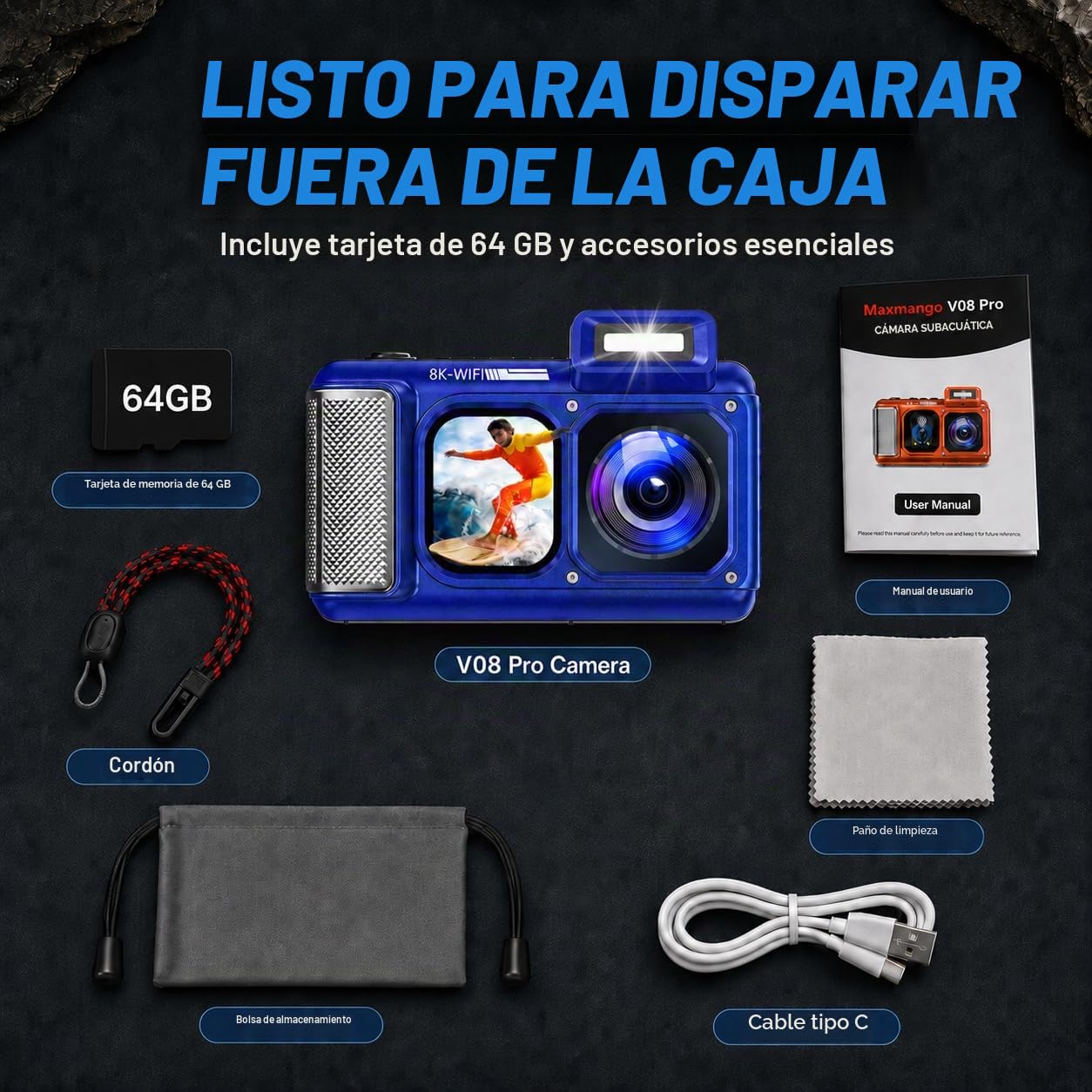 MaxMango V08 Pro 49FT Camara Acuatica，8K 90MP WiFi Pantalla Táctil Cámara Digital，2,8 Pulgadas con Doble Pantalla, Resistente, a Prueba de Polvo y a Prueba de Golpes, Ideal para Snorkel, Azul
