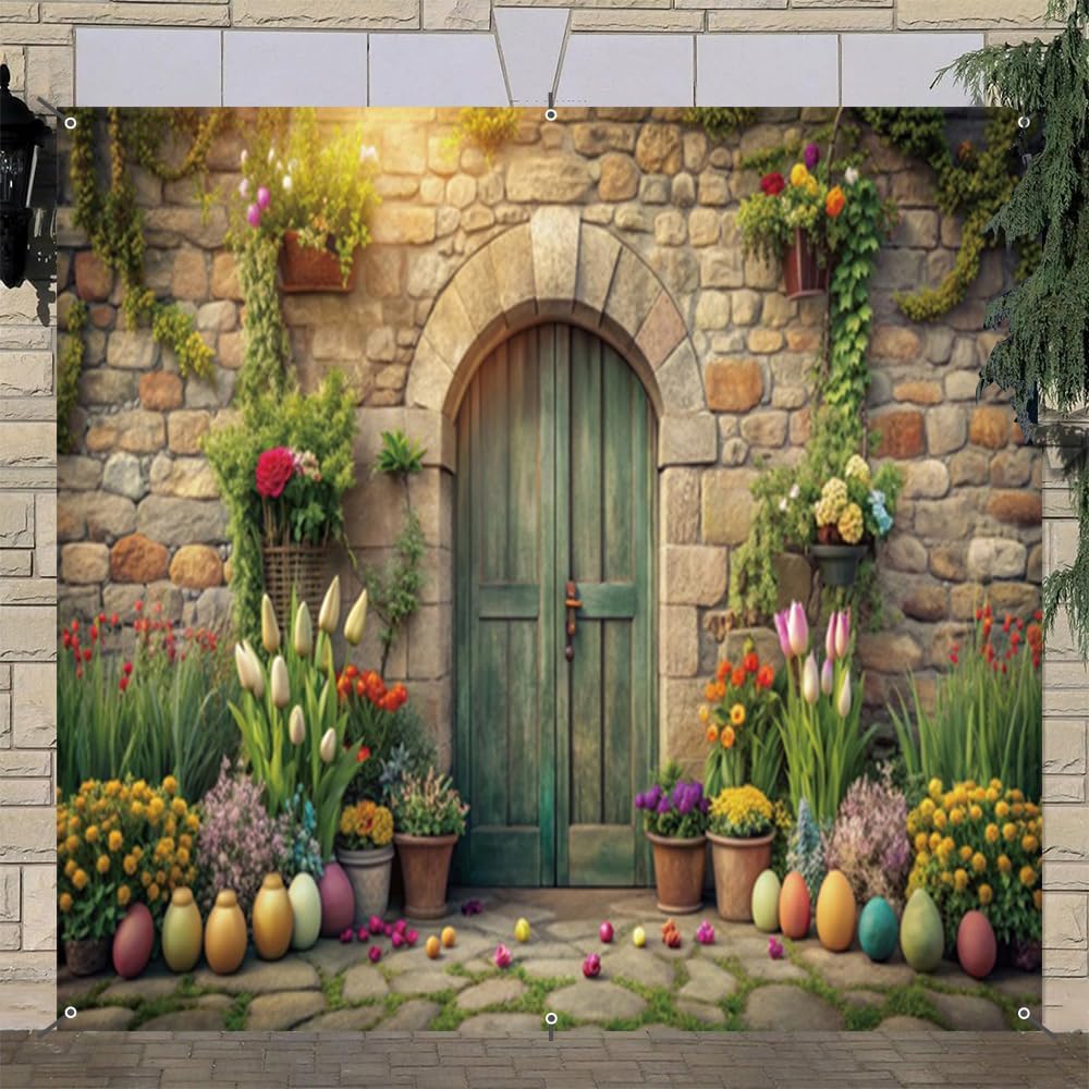 Easter Garage Door Cover Banner Decorations Backdrop 6x8ft Spring Easter Eggs Colorful Flowers Stone Wall Wooden Door Garage Door Outdoor Decorations Easter Party Baby Shower Garage Door Cover