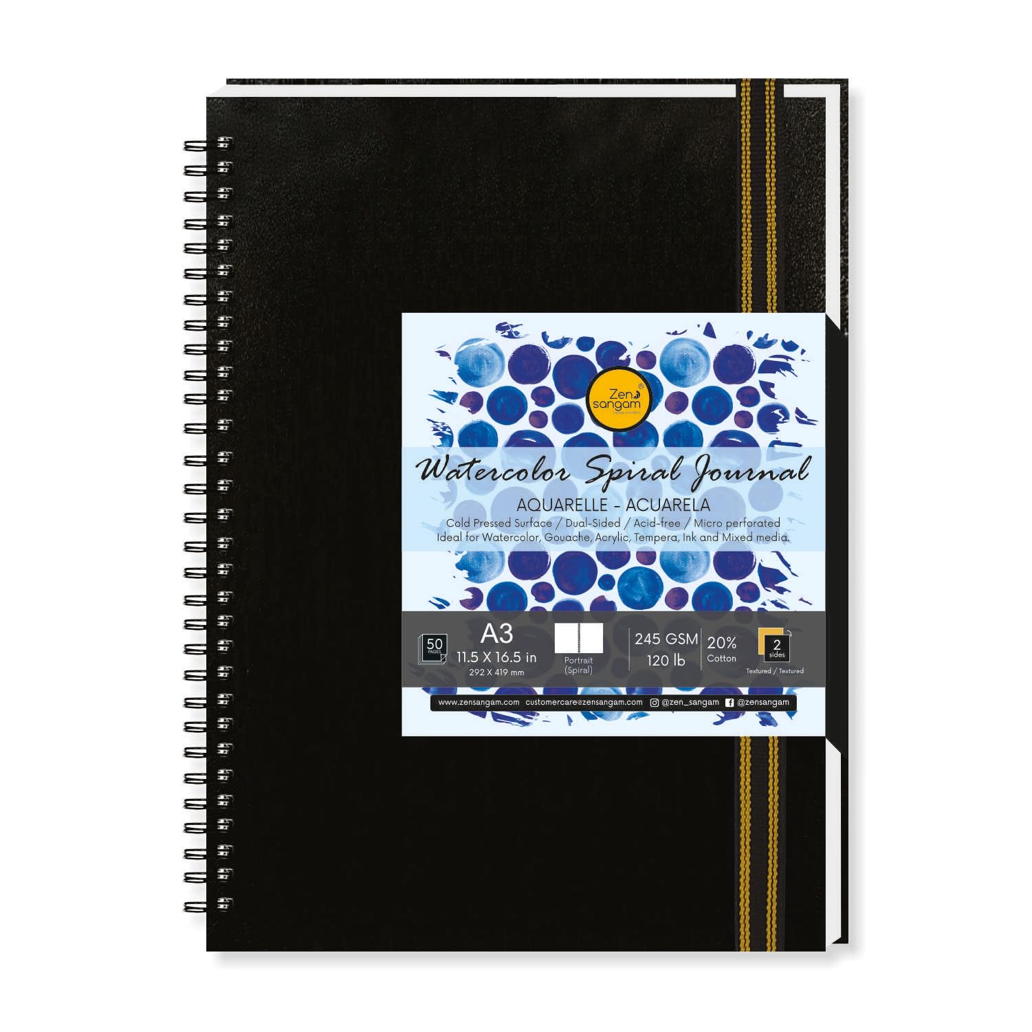 Zen SANGAM A3 Spiral Watercolor Journal | 245 GSM 20% Cotton Cold Pressed | 25 Sheets (50 Pages) | Durable Portrait Sketchbook for Artists & Professionals | Acid-Free | 29.7x42cm | Black Cover