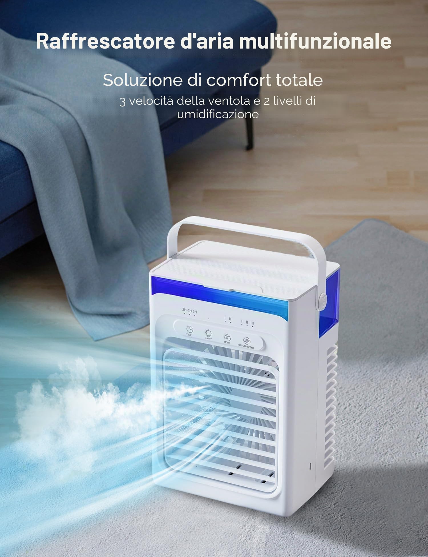 Mini Condizionatore Portatile, Ventilatore con Ghiaccio, 1000 ML Raffrescatore d'Aria con Doppio Motore, 3 Velocità, Nebbia Fredda, Timer 2/4/6H, Luci LED, per Casa, Ufficio (Bianco‌)