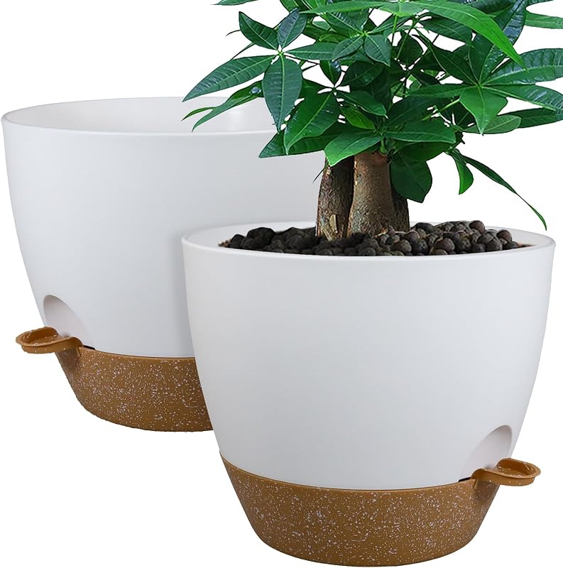 UOUZ 12inch 2Pack Large Self Watering Planters, Plastic Plant Pots with 60oZ Removable Deep Reservoir and Multi Mesh Drainage Holes for Indoor Outdoor Garden Plants and Flowers, White with Brown