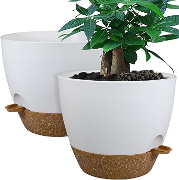 UOUZ 12inch 2Pack Large Self Watering Planters, Plastic Plant Pots with 60oZ Removable Deep Reservoir and Multi Mesh Drainage Holes for Indoor Outdoor Garden Plants and Flowers, White with Brown