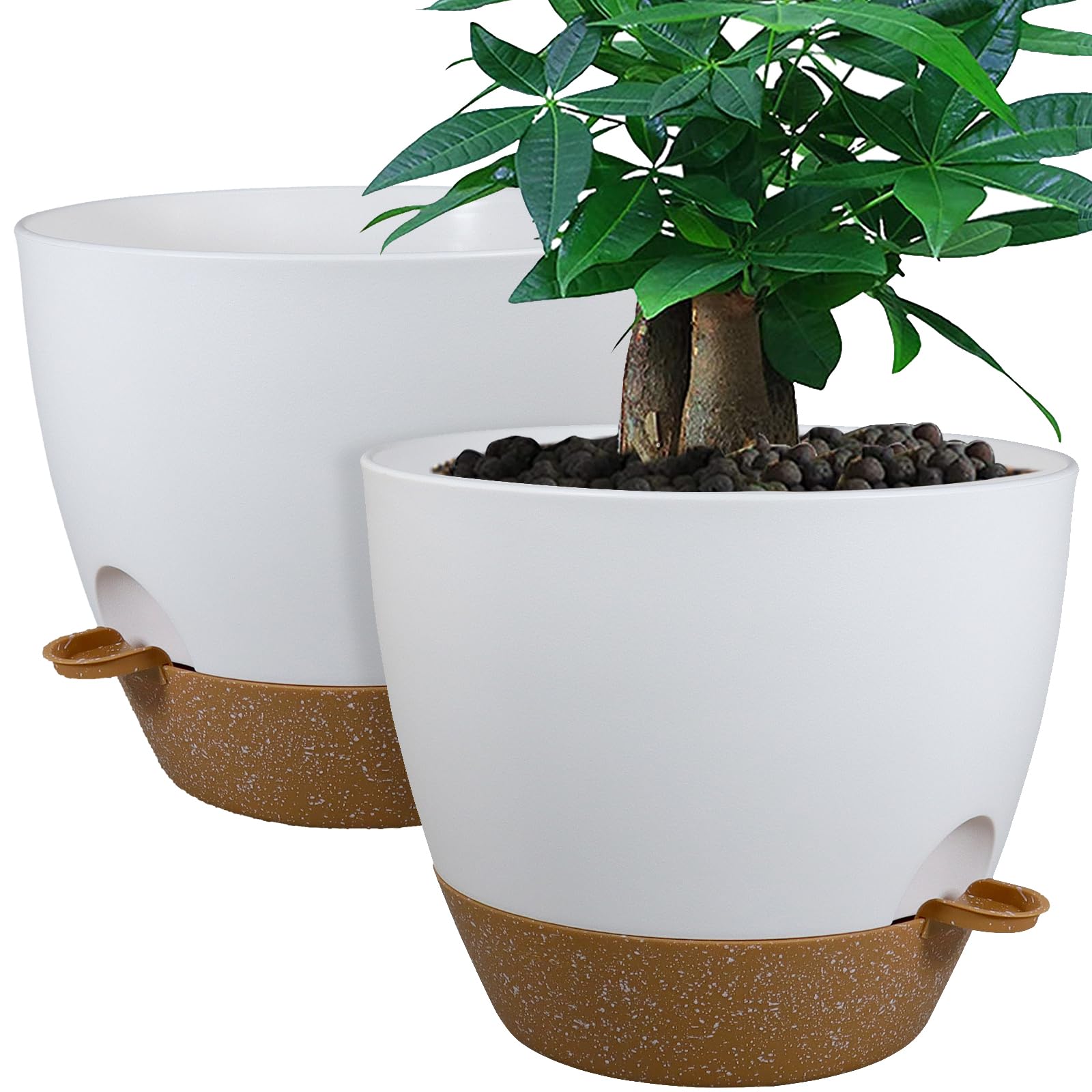 UOUZ 12inch 2Pack Large Self Watering Planters, White with Brown