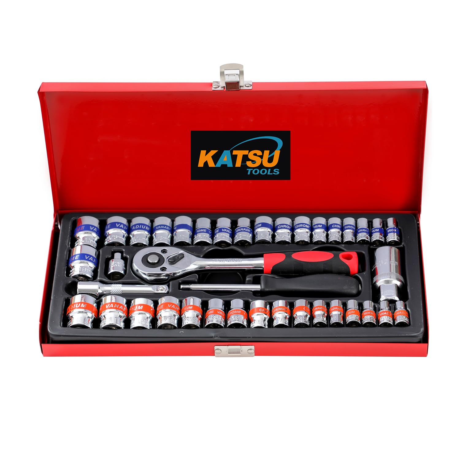 Étui de transport en acier KATSU avec coffret douilles 1/4" et 3/8" haute résistance