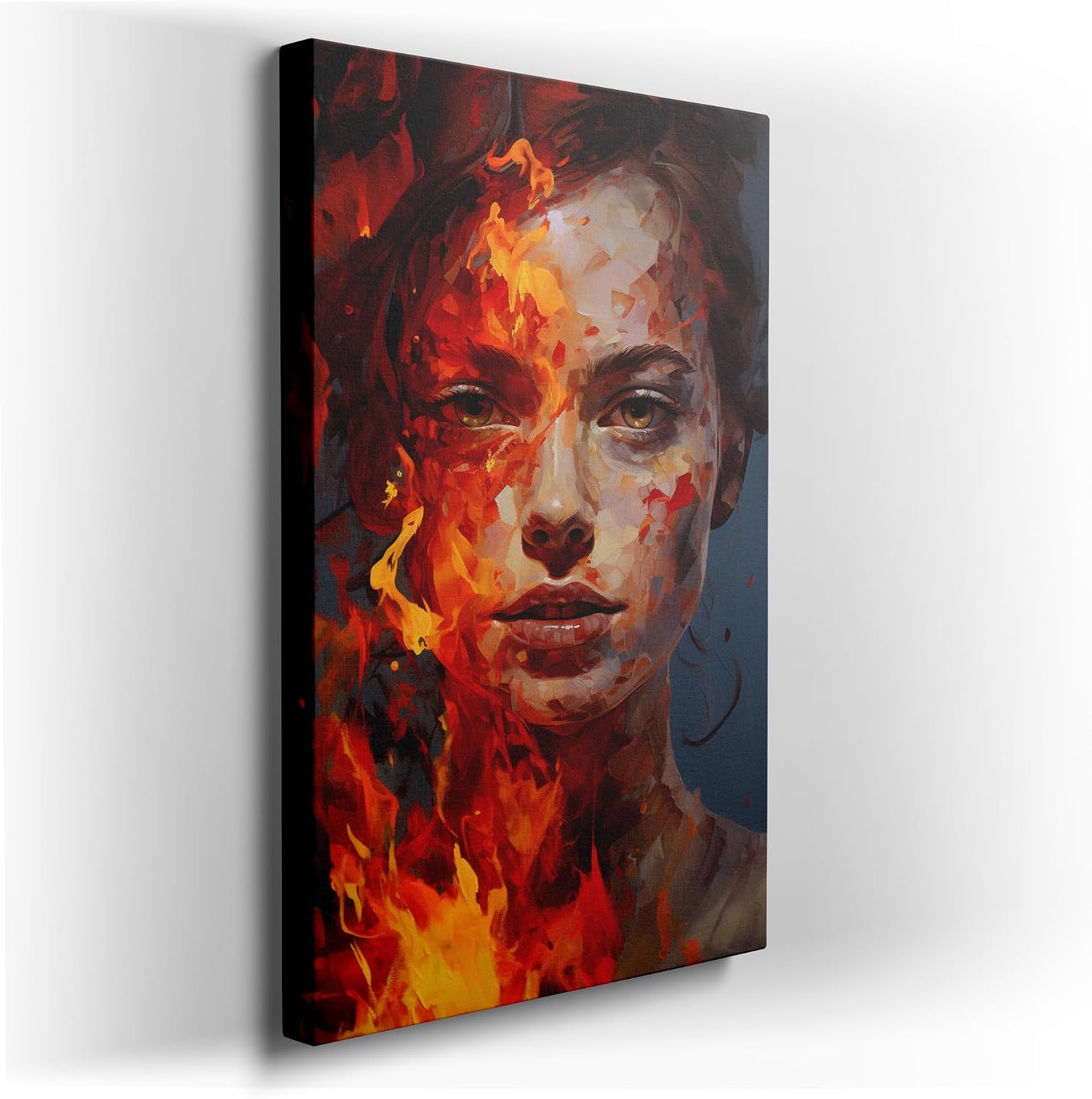 Canvas for Living room. Mystic Flames: The Enigmatic Beauty of a Dual-Eyed Woman Adrift in Fiery Elegance, 27 x 18 inch Canvas Wall Art - Contemporary Masterpieces - Modern Home Decor