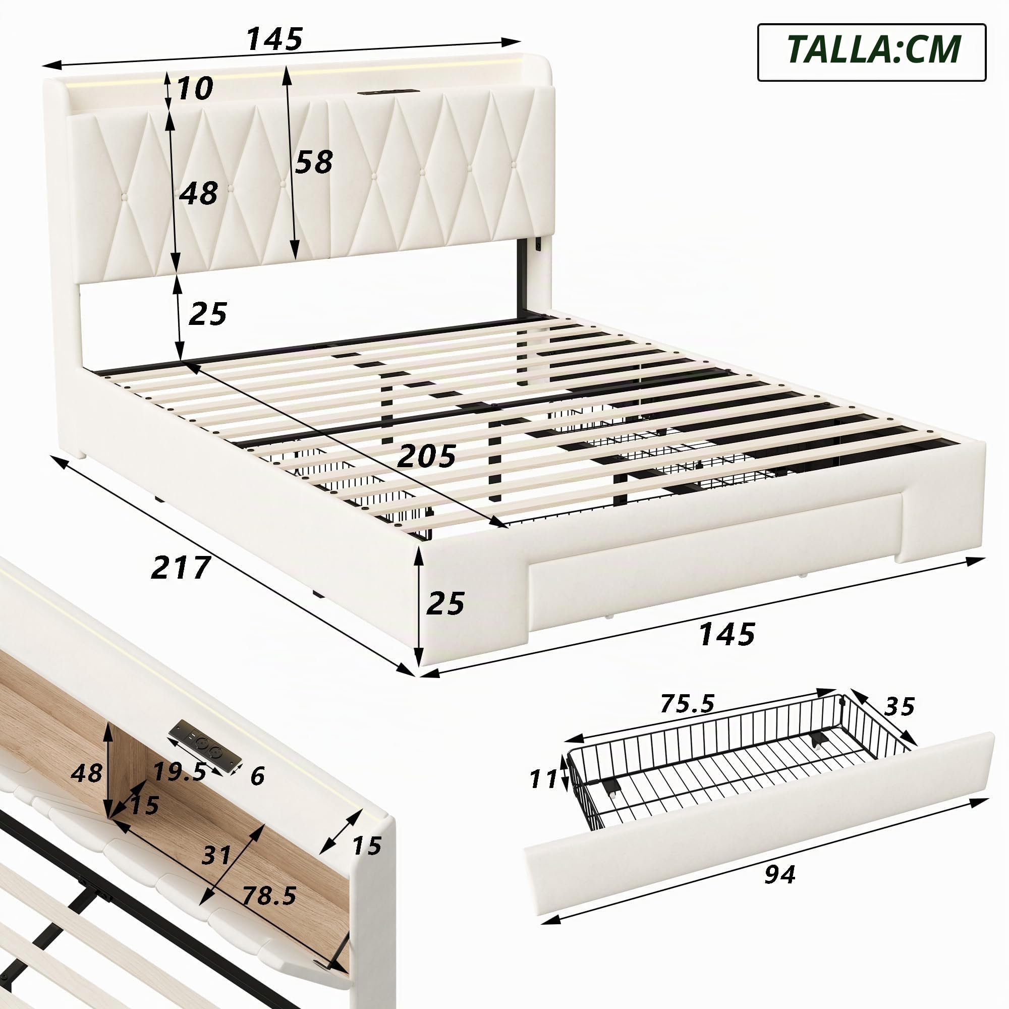 MOTUZP Cama doble tapizada de 140 x 200 cm, cama funcional con luz LED y conexión USB, cajón de cama con cajones, cama juvenil, somier (B-Bbeige+terciopelo, 140 x 200 cm)