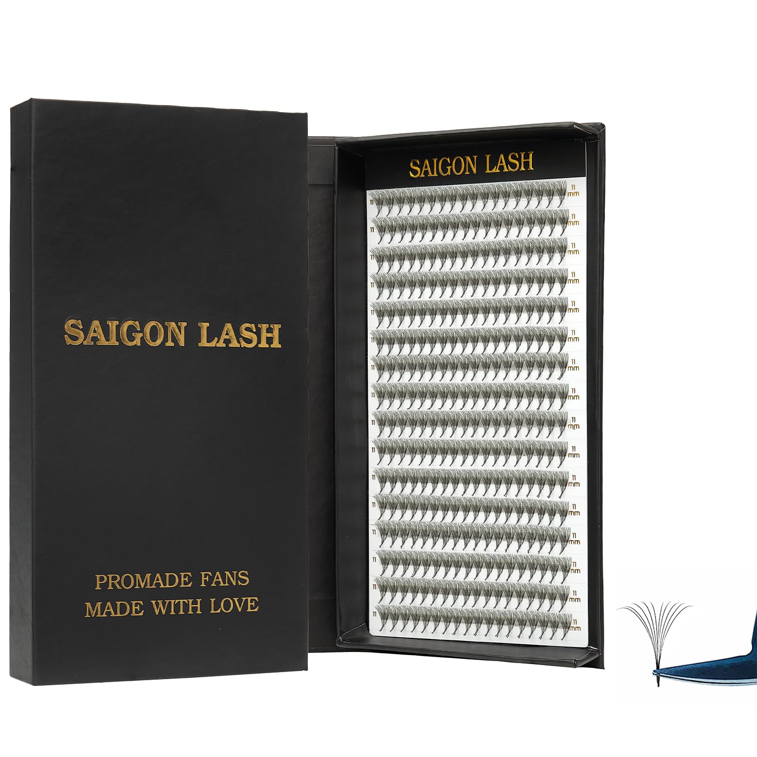 Promade Fans 3D 5D 6D 8D 10D 14D, Narrow Base Laser Tech Eyelash Extensions, C D Curl, Single & Mixed Lengths 6–15mm, Loose Premade Lash Fans for Professional Use (Black-C-0.05-8-15mm-10D)