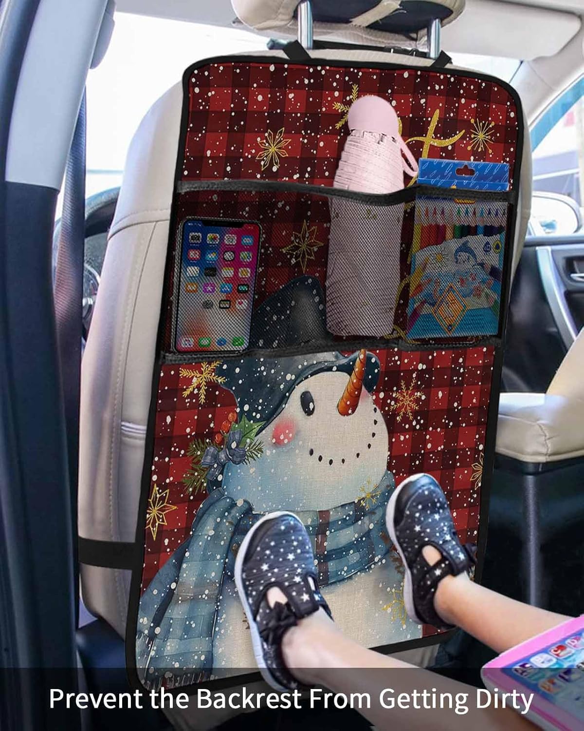 Car Seat Protector, 2 Pack Kick Mats with Organizer - 3 Pocket Storage, Let it Snow Christmas Snowman Snowflake Red Black Plaid Back Seat Cover for Kids Universal Fit Automotive Interior Protectors