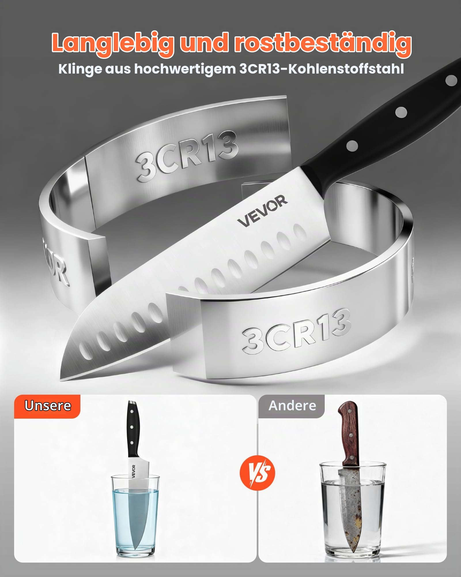 VEVOR Küchenmesserset mit Messerblock (Holz) & Wetzstahl, 15-tlg. Messerset, Messer aus hochkohlenstoffhaltigem Edelstahl, Küchenbesteck mit ergonomischem Griff & Küchenschere für Hobbyköche