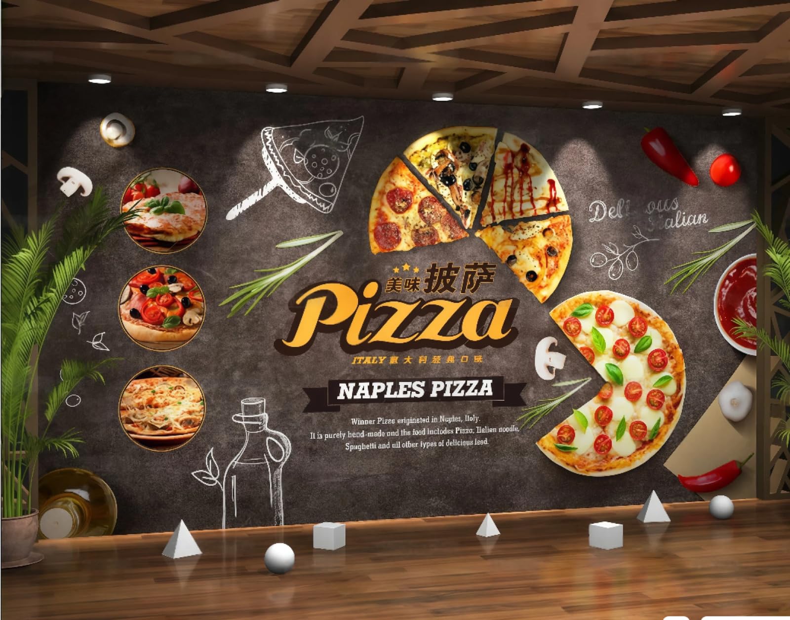 rskjdghshd Wallpaper Retro Blackboard Hand-Painted Gourmet Cartoon Pizza Fast Food Restaurant Afternoon Tea Catering Background Wall Western Restaurant Wallpaper Cafe Mural,3D,250x175cm