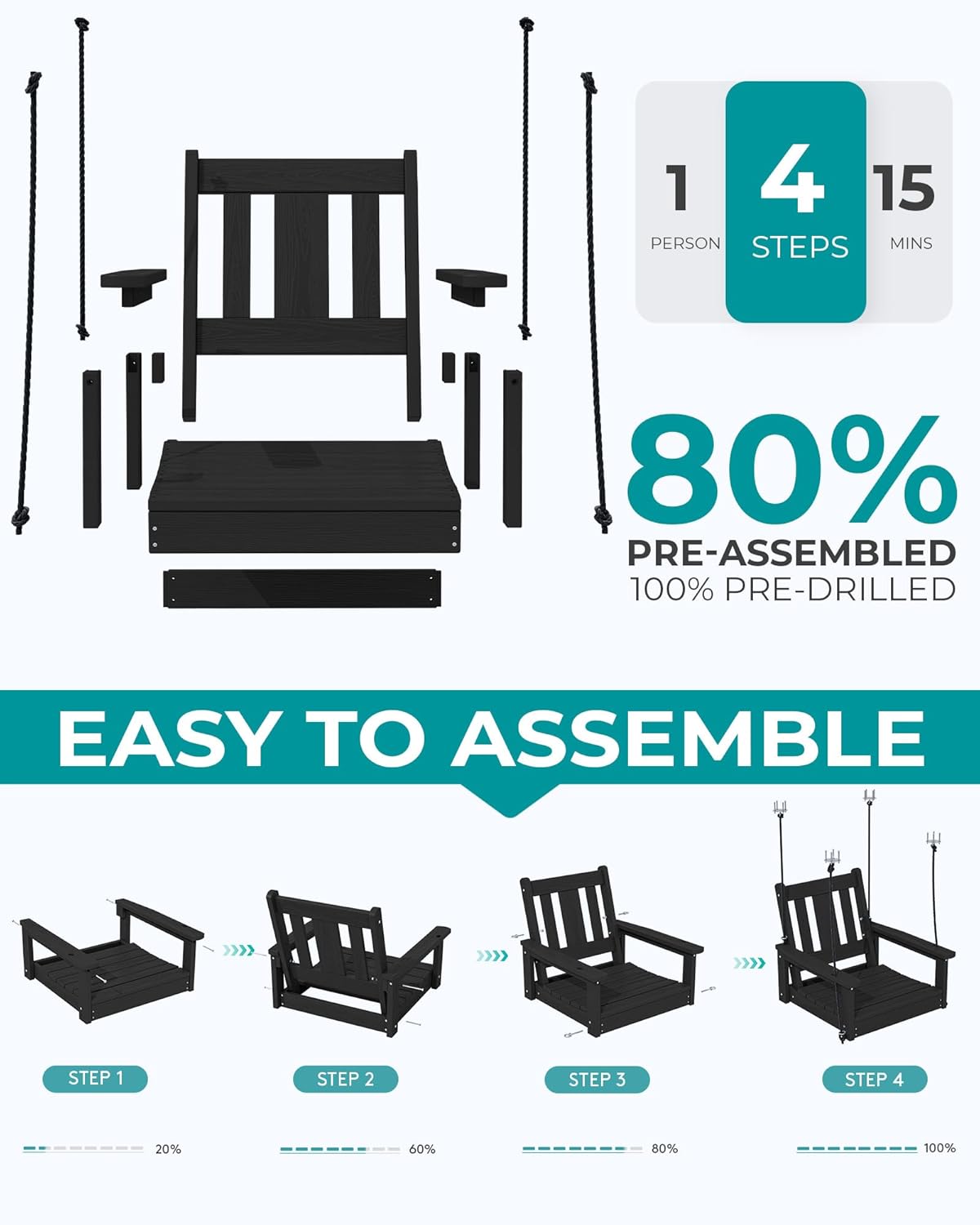 SERWALL HDPE Single Porch Swing, Heavy Duty Single Person Swing Chair with 2 Polypropylene Hanging Ropes, Adirondack Hanging Chair for Outdoor Front Porch Patio Garden Yard, Black