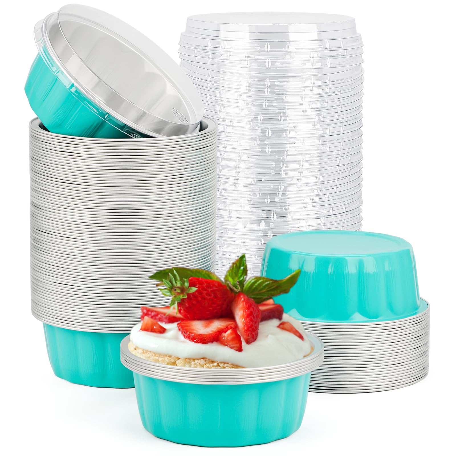 Beasea Vasos de aluminio para hornear con tapas, 8 onzas, paquete de 100 desechables, color azul, perfectos para bodas, cumpleaños y otras ocasiones
