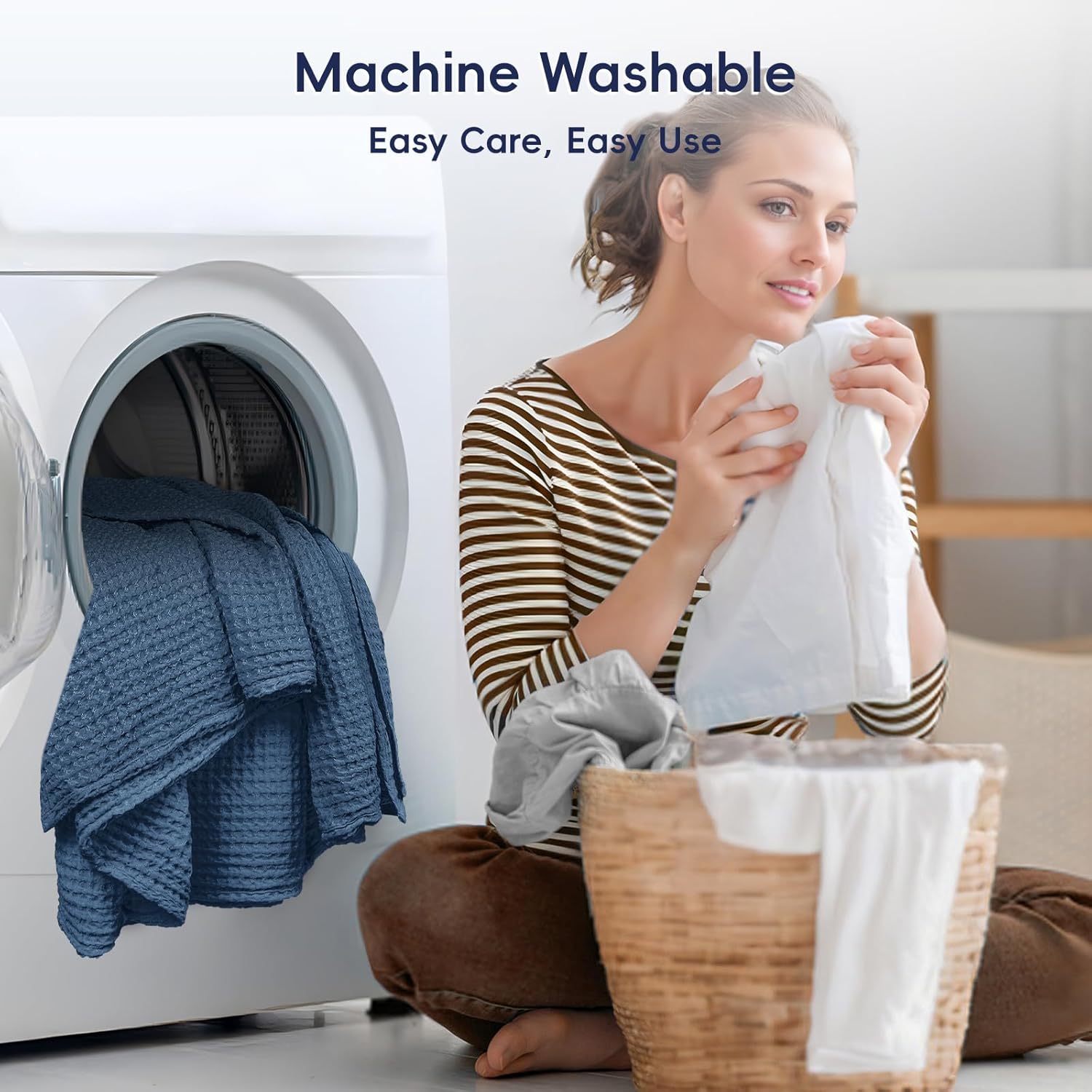 PHF Ultra Soft Waffle Weave Throw Blanket 50"x 60"- Washed Lightweight Breathablee Cozy Woven Blanket - Great for Couch Bed Sofa Home Car - Navy Blue - Image 7