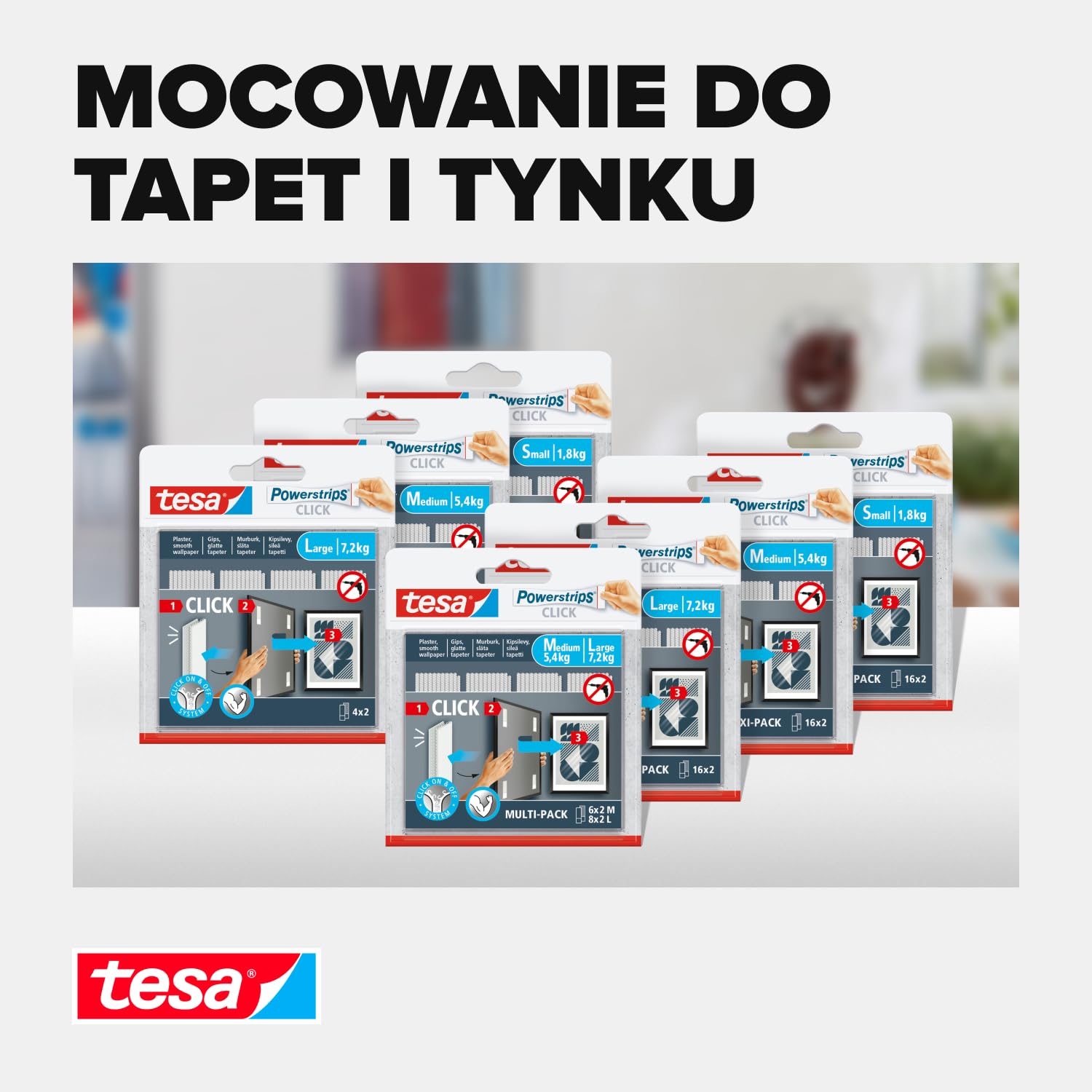 tesa Powerstrips CLICK samoprzylepne paski do mocowania i odklejania ramek na zdjęcia i dekoracji ścian, bez wiercenia, paski samoprzylepne z systemem zatrzaskowym ON & OFF, średnie, 16 x 2 sztuki