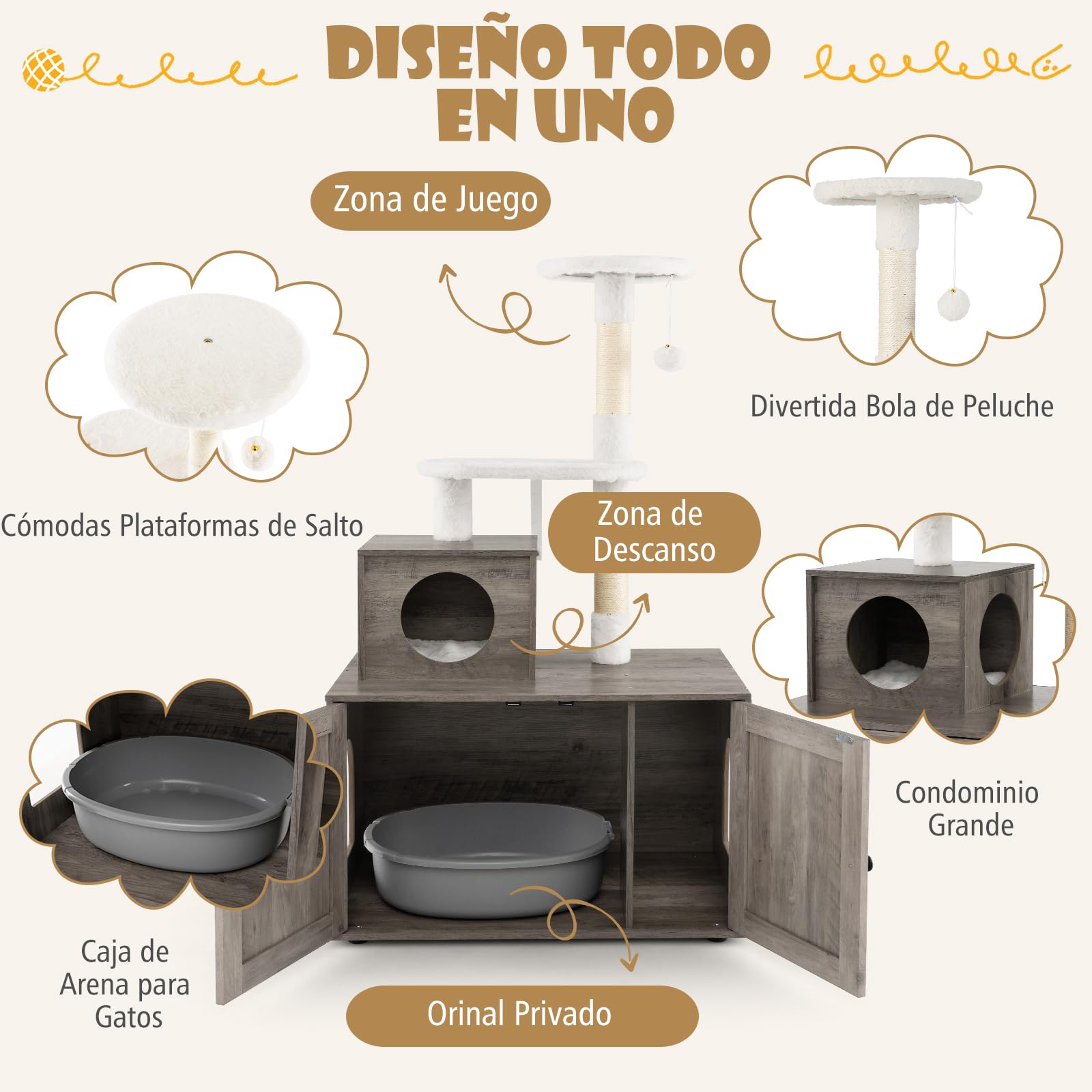 COSTWAY 3 en 1 Rascador para Gatos con Nido y Caja de Arena, Árbol Estable de 3 Niveles con 2 Postes de Sisal, 2 Plataformas y Juguete Colgante (Gris Oscuro)