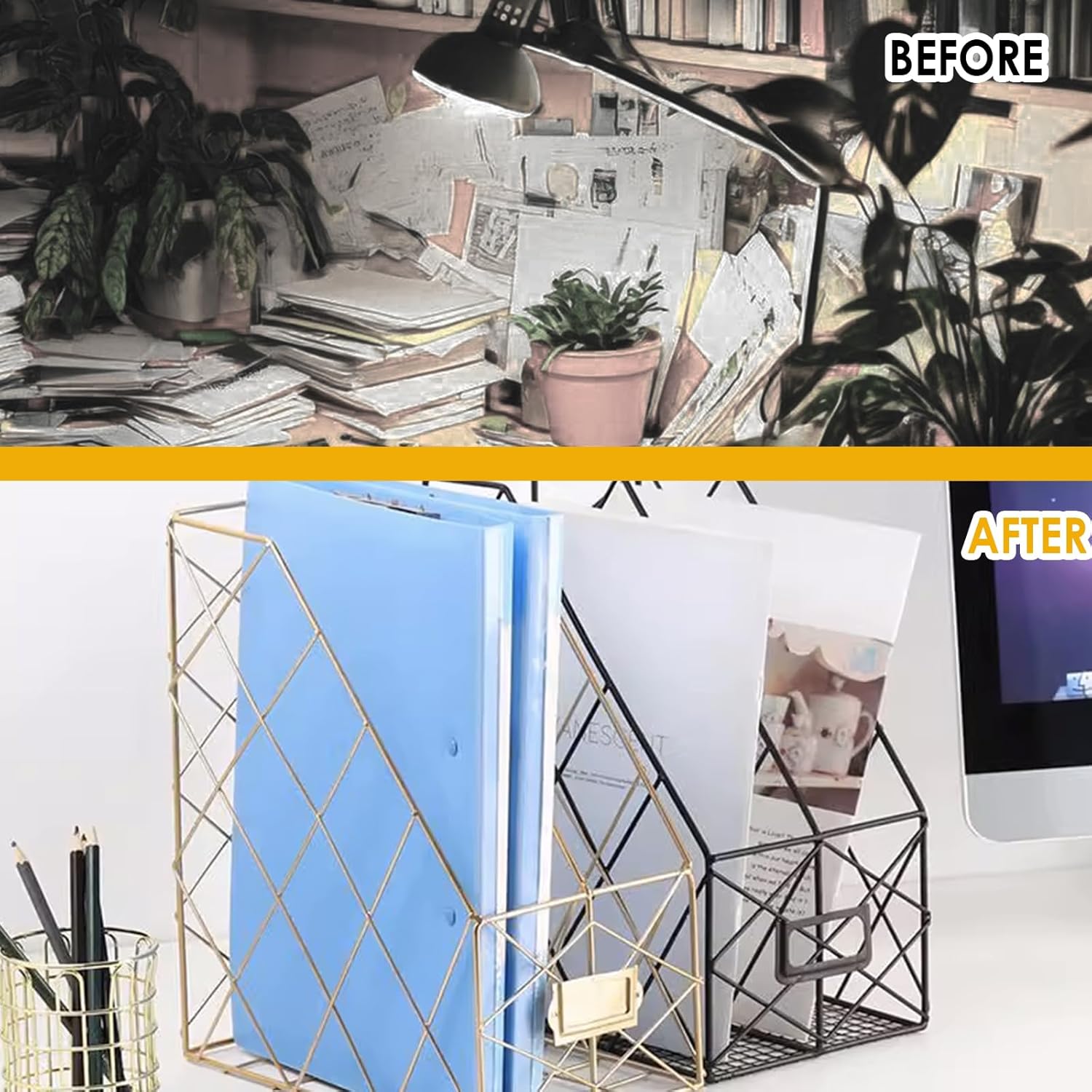 Modern Geometric Metal File Organizer for Desk, 8"×10"×12" Iron Mesh Magazine Holder, Desktop Document Rack Storage for Office Supplies, Vertical Book Stand File Folder Rack (Black)