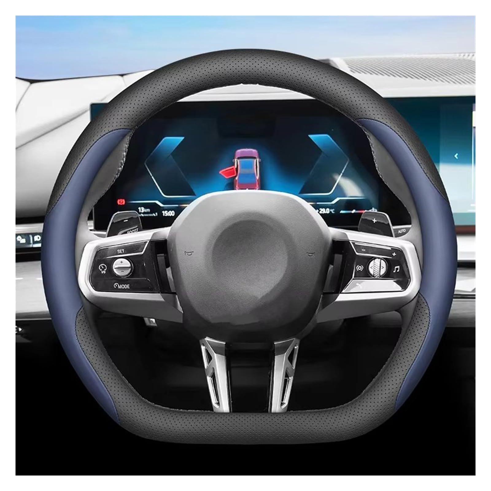 Accessori Interno Coprivolante In Pelle Per Auto Per BMW I4 I5 Per X3 Per M5 Per M4 Per M3 Per M2 Serie 5 Serie 4 Serie 3 2025 Copertura Volante(Double D Black Blue)