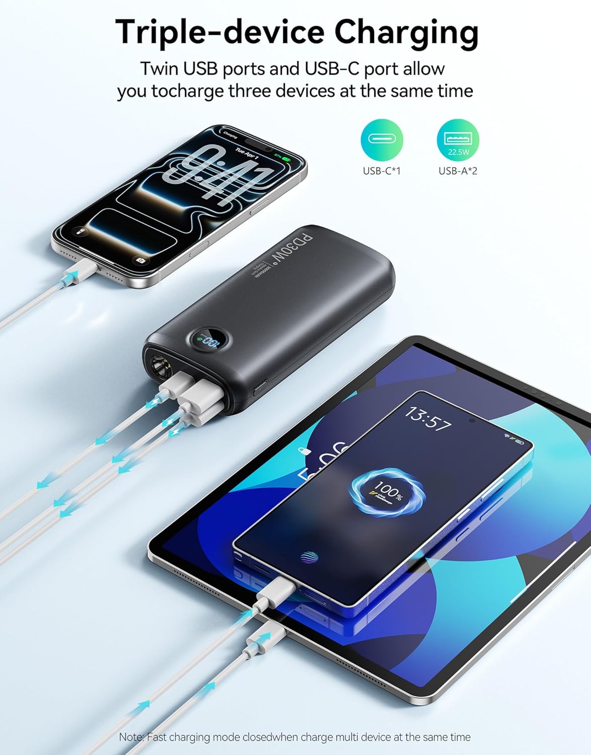 Portable Charger, 30000mAh Power Bank 30W USB C Fast Charging, Travel Essentials Battery Pack with 3W Flashlight & LED Display, External Battery for iPhone 17/16/15, Galaxy S25, LG, Tablets, Black - Image 3