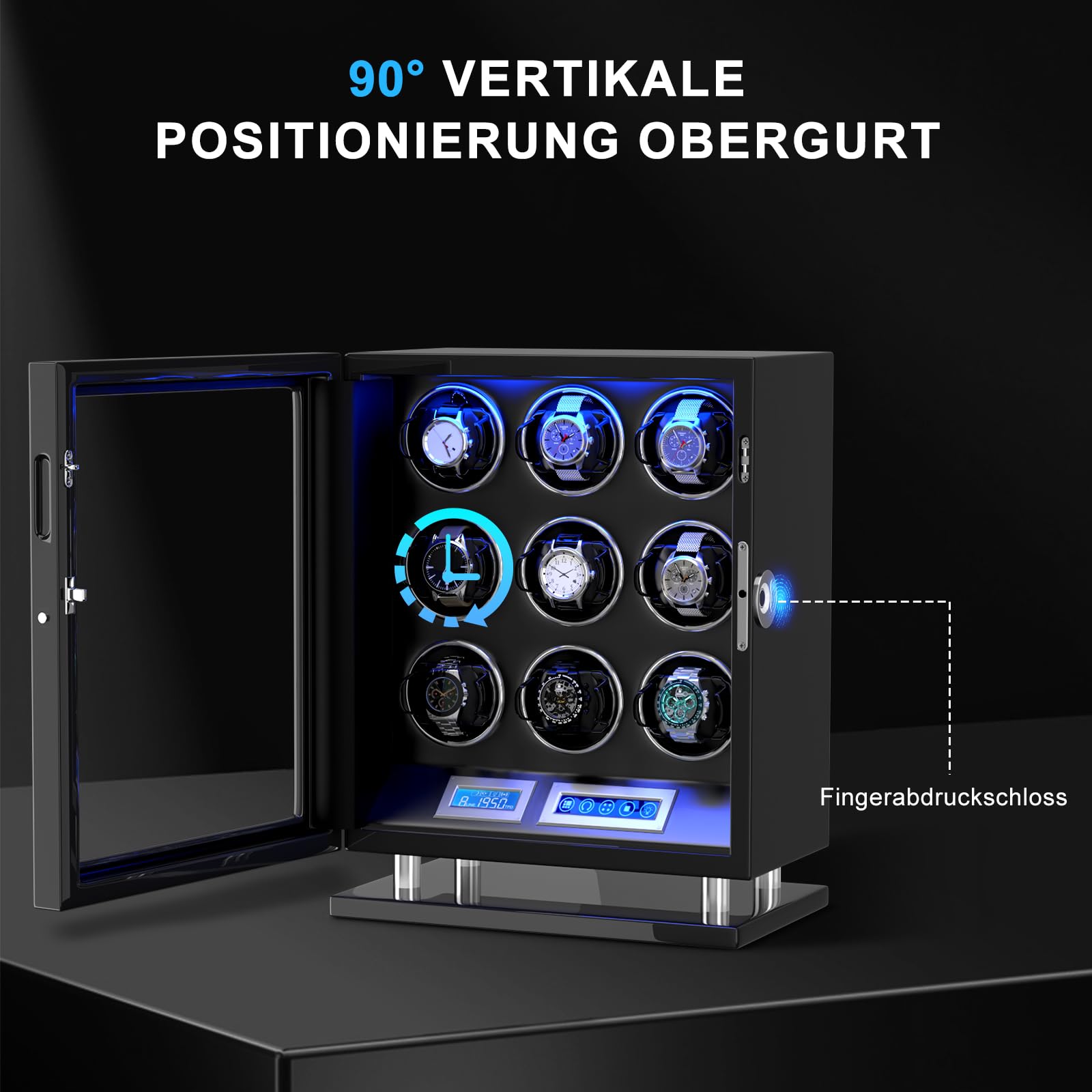 XTELARY Uhrenbeweger, Fingerabdrucksperre Automatischer Uhrenbeweger für 3/4/6/8//9/12 mit LCD-Touchscreen, Fernbedienung, Blauer LED, Leisem Motor und Verstellbaren Uhrenkissen für Herren und Damen