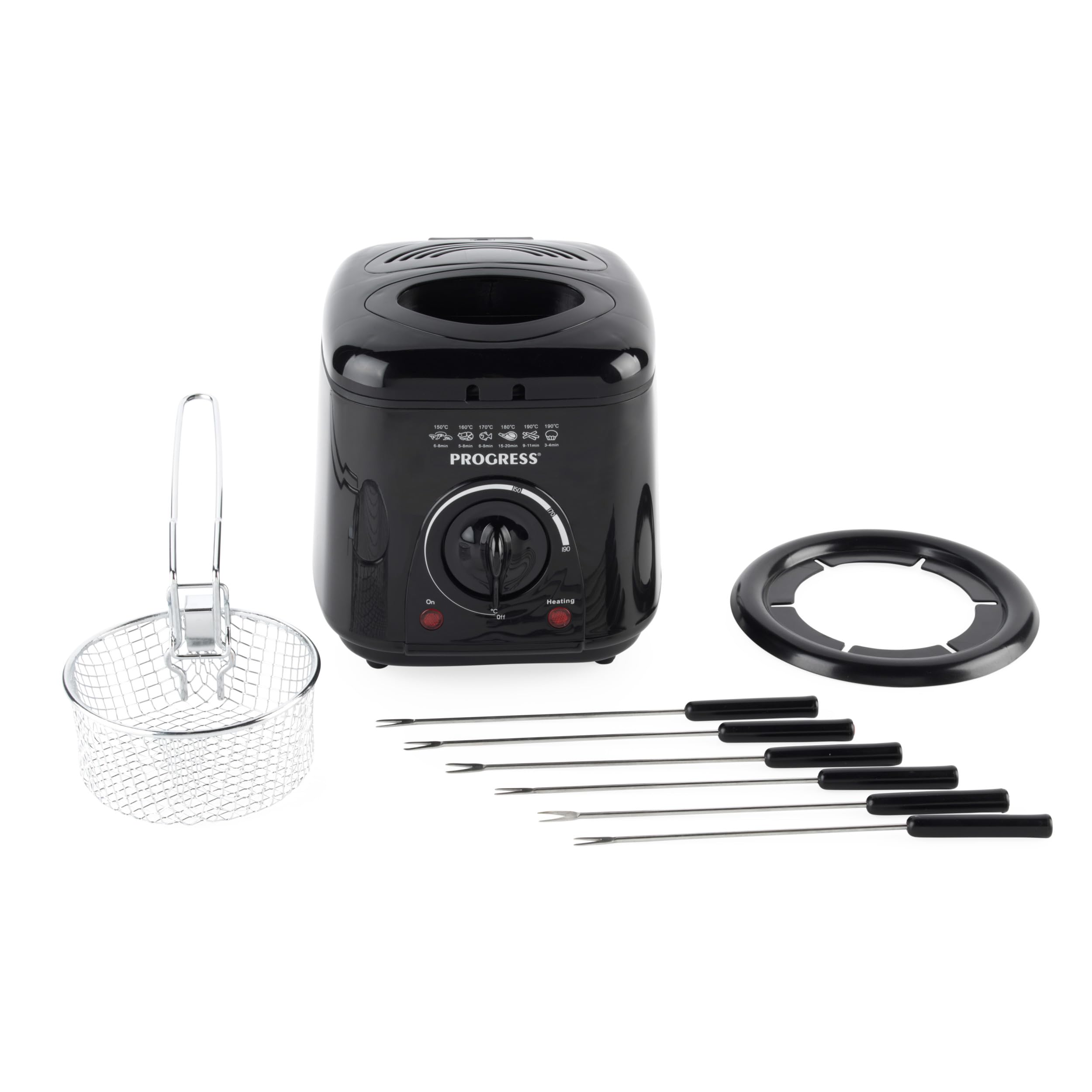 Progress Friteuse et appareil à fondue 2-en-1, 1 L, 190 °C | Cuve antiadhésive, température réglable, hublot de contrôle, voyants marche et prêt, panier, 6 fourchettes