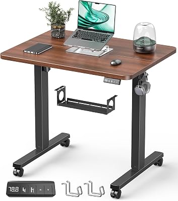 Höhenverstellbarer Schreibtisch 80 x 60 cm, Schreibtisch Höhenverstellbar Elektrisch für Home & Office, 2-teilige Tischplatte, Walnuss