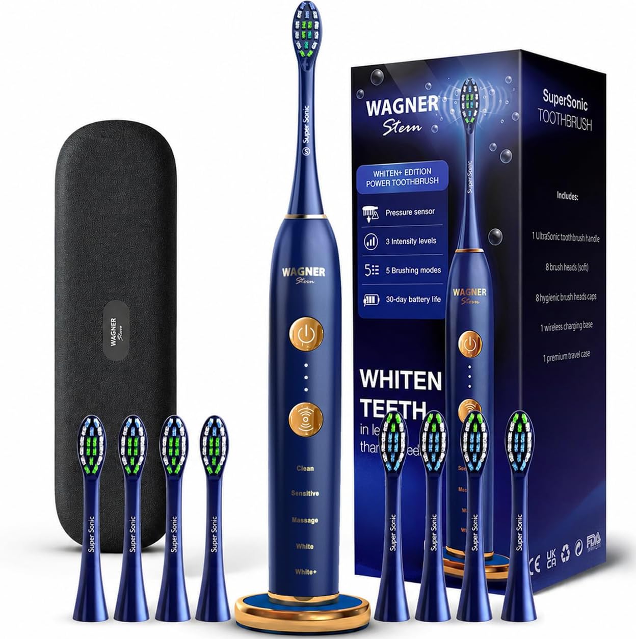Wagner Stern WHITEN+ Edition. Whitening Electric Toothbrush with Pressure Sensor. Offers 5 Brushing Modes, 3 intensities, 8 Soft Brush Heads, and a Luxury Travel case. (Blue)