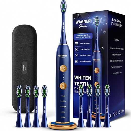 Wagner & Stern WHITEN+ Edition Smart Electric Toothbrush with Pressure Sensor, 5 Cleaning Modes and 3 Intensity Levels, 8 Soft Nrush Heads, Premium Travel Case (Blue)