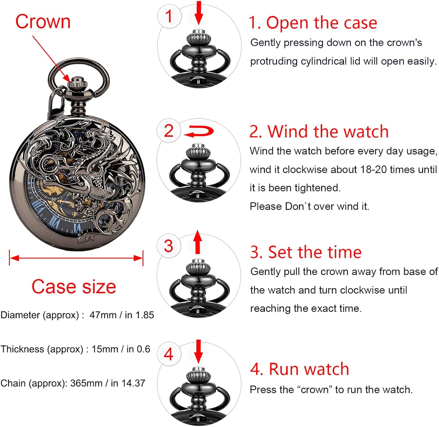 Carrie Hughes Mens Mechanical Pocket Watch with Chain Lucky Dragon Steampunk Skeleton Hunter Double Open in Box CHPW10B