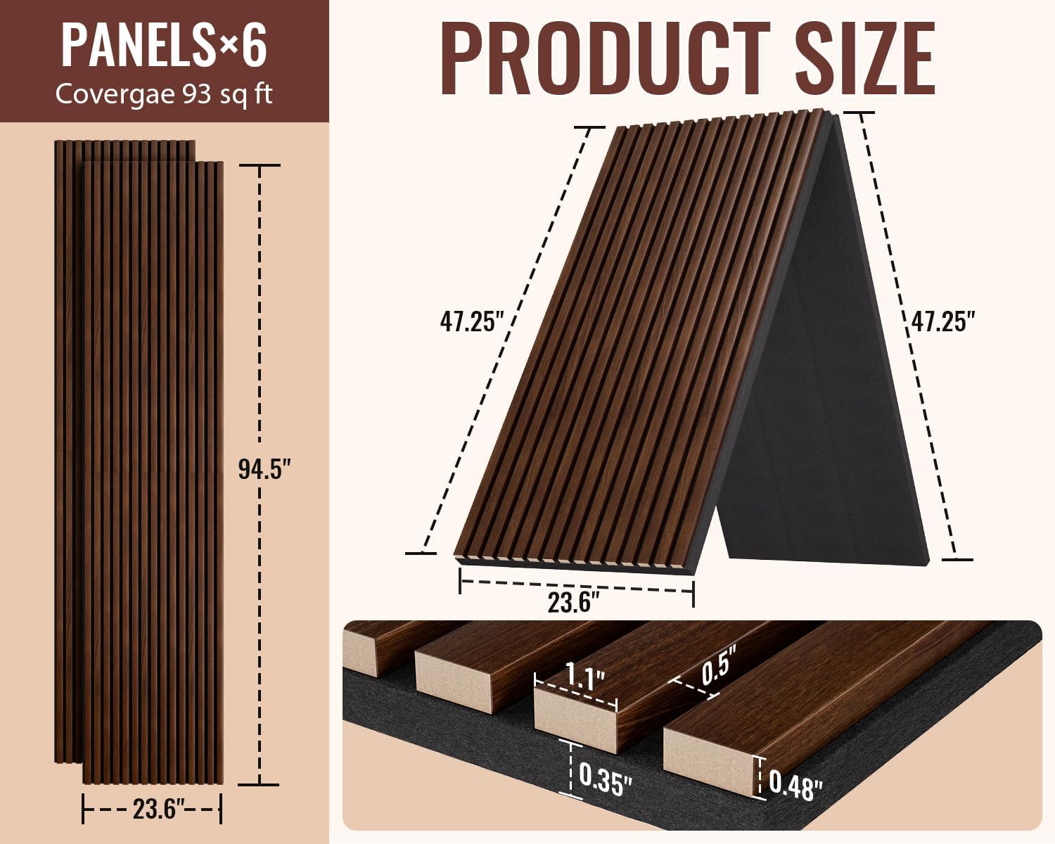 PrimeZone Wood Acoustic Wall Panels - 6 PCS 94.5" x 23.6" (93 sq ft) 3D Fluted Slat Sound Proof Wall Paneling, Sound Absorbing & Noise Reduction Interior Decor Panels for Living Room, Bedroom, Walnut