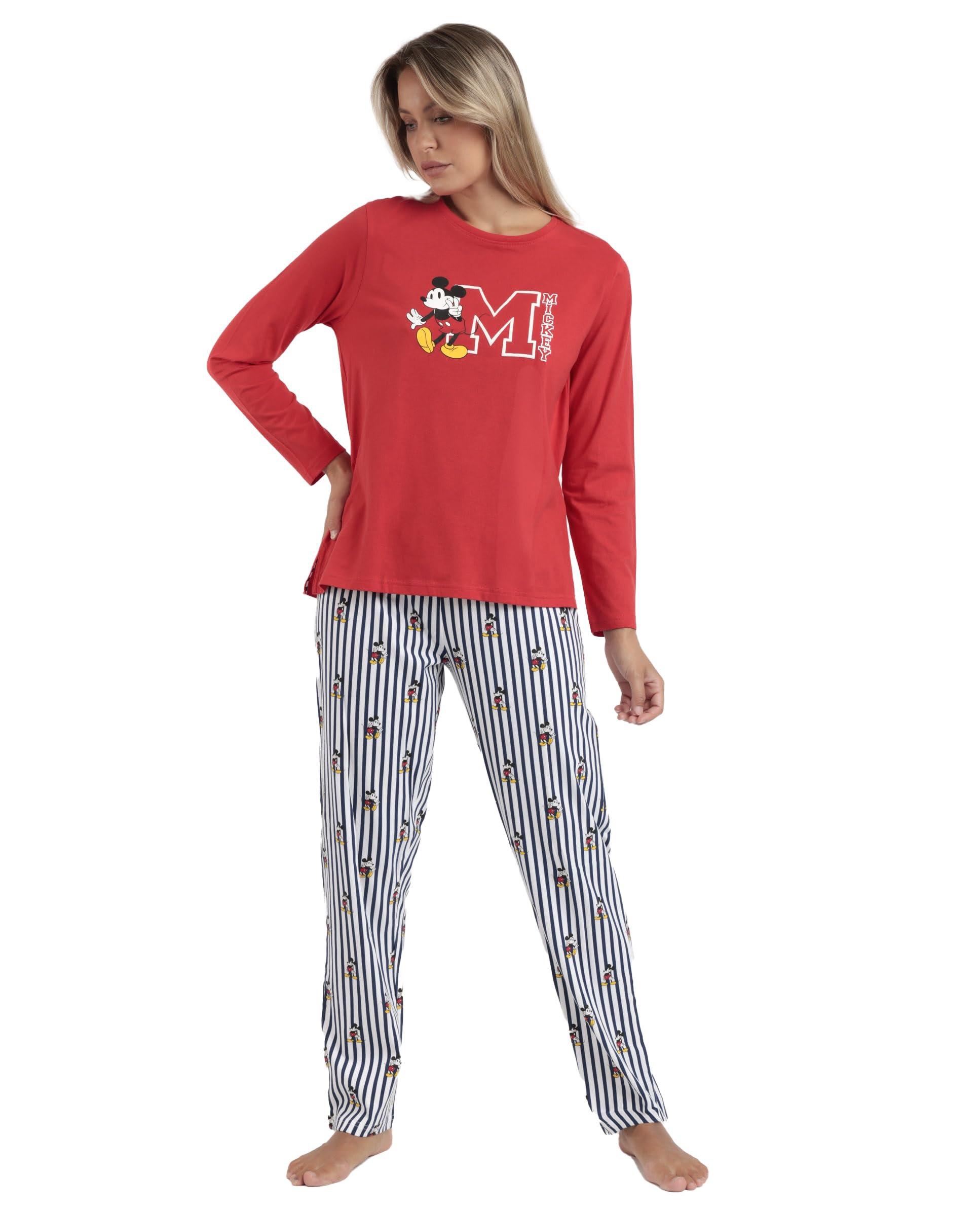 Disney Pijama Mujer Manga Larga Mickey NY Summer en Algodón, Cuello Redondo y Pantalón Largo a Rayas con Cinturilla Ajustable, Camiseta con Relieve Color Rojo Talla M