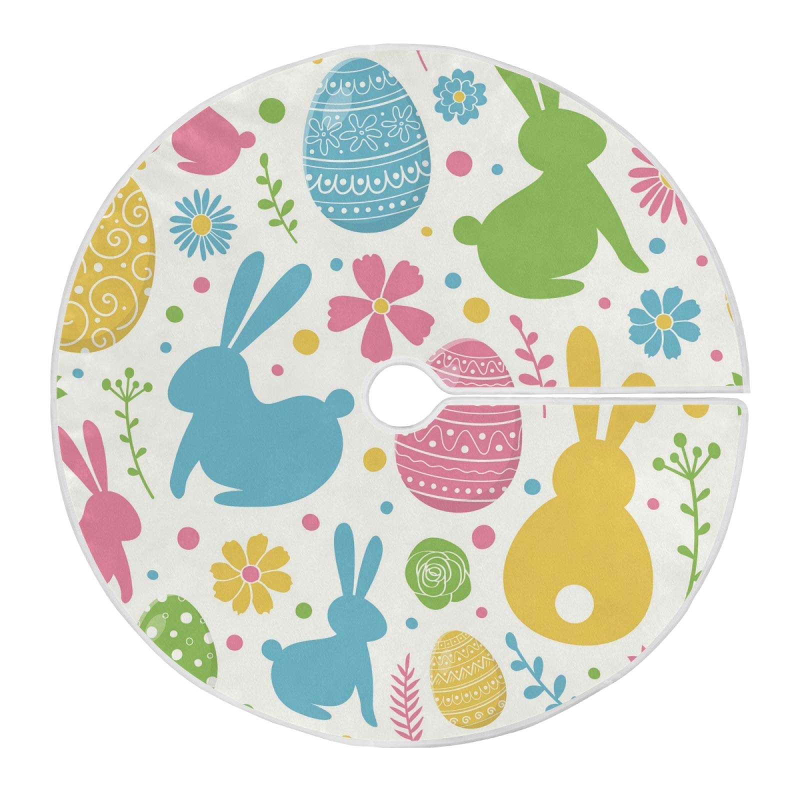 Easter Eggs Bunny Tree Skirt 36 in Rabbits Peeps Egg Christmas Tree Skirt Floral Flowers Xmas Tree Skirts Stand Mat Easter Holiday Party Garden for Indoor Outdoor Home Office Ornaments