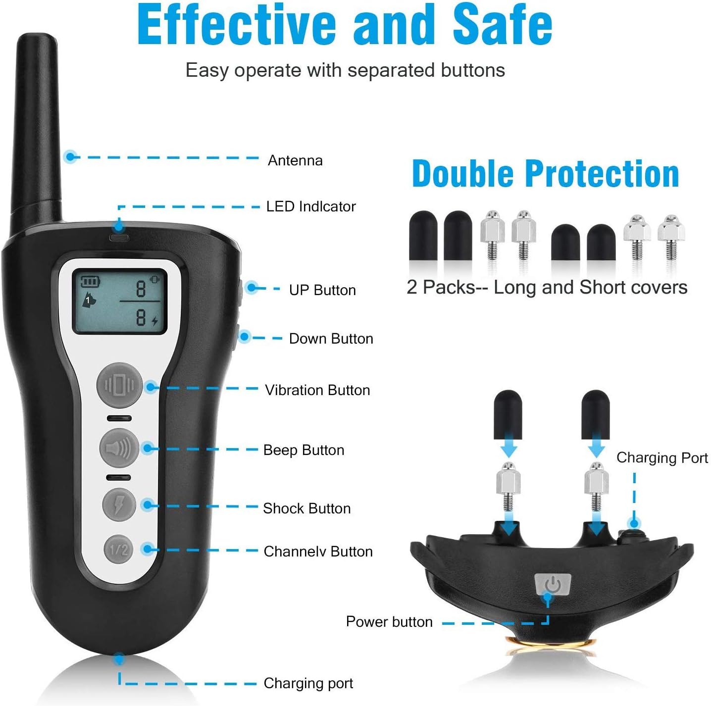 Casfuy Dog Training Collar with Remote - 1000ft Range Electric Shock Collar for 2 Dogs Rechargeable 100% Waterproof with Beep Vibration Harmless Shock for Small Medium Large Dogs : Pet Supplies