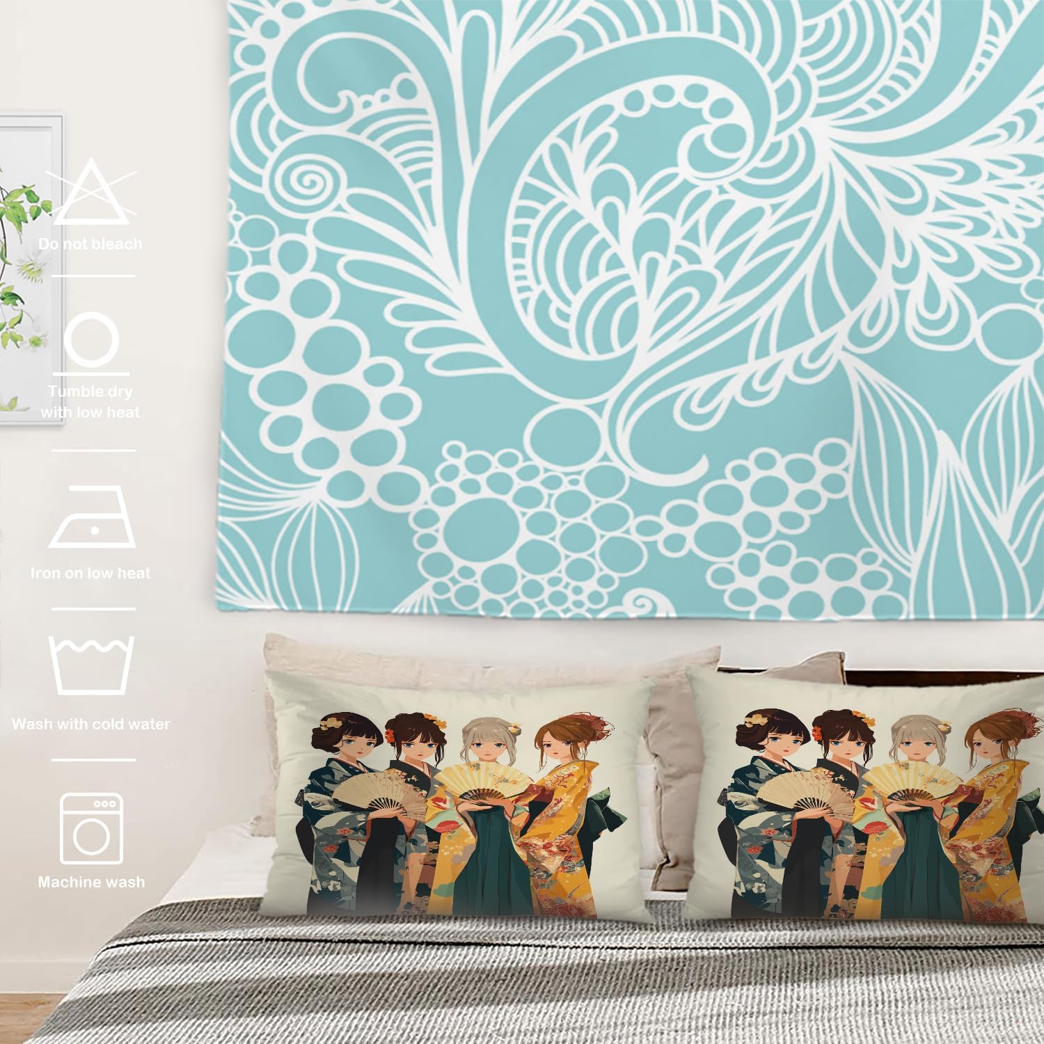 Batmerry Traditional Clothing Fan Art Pillowcases, Cultural Dress Hand Held Decorative Bed Pillowcases Digital Printing Blended Fabric Bedroom Set Hidden Zipper on Short Side 20X26 in