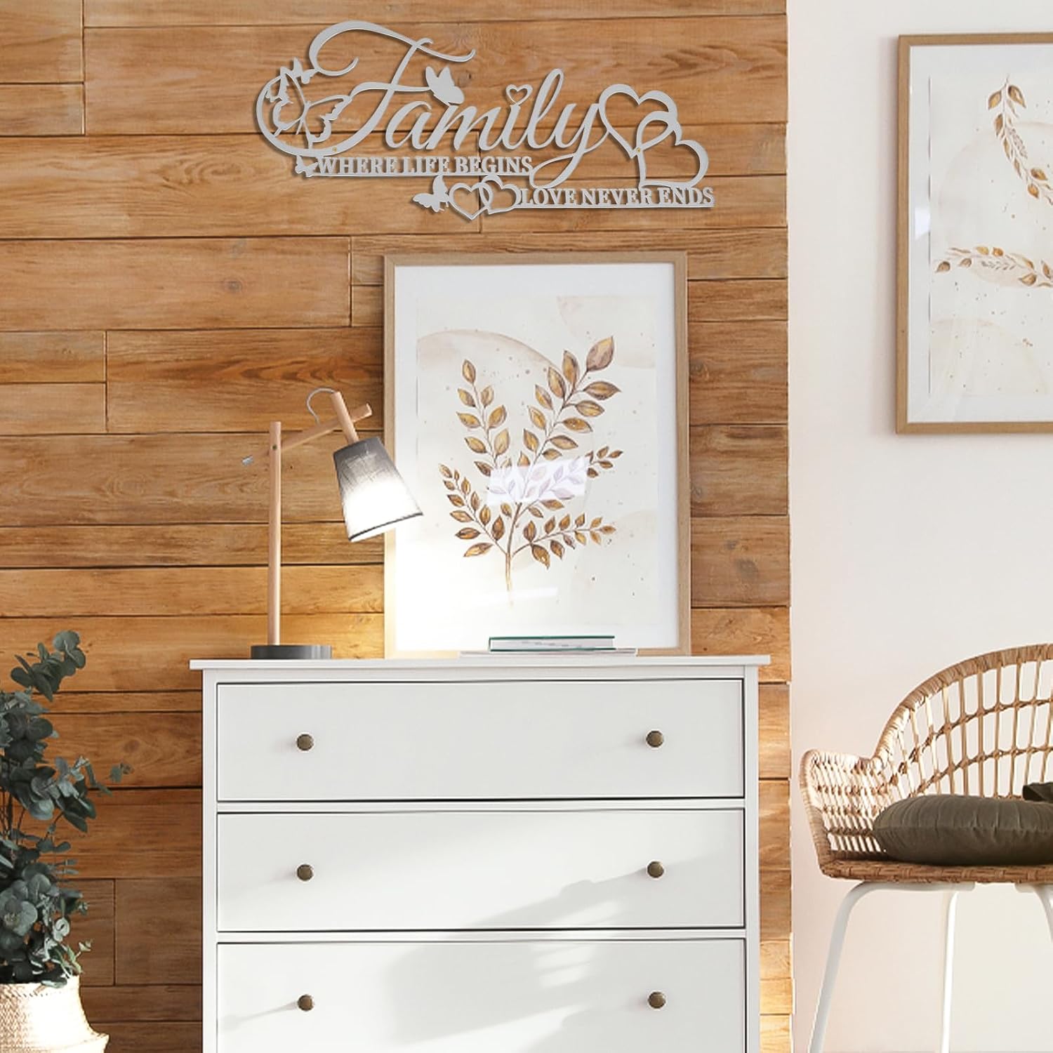 Family Metal Word Sign Wall Art Decor, Where Life Begins Love Never Ends Heart Butterflies Wall Hanging Sculpture, Silvery Iron Letters Quotes Home Decor for Living Room Kitchen (Silvery)
