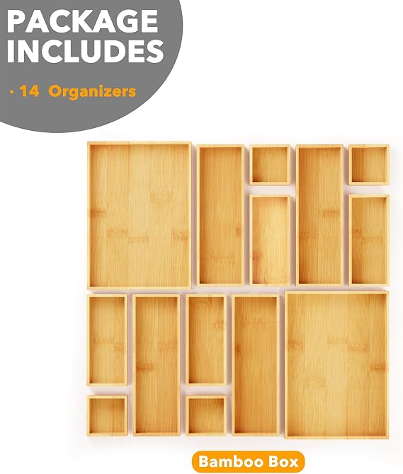 SpaceAid 14-Piece Bamboo Drawer Organizer Storage Boxes Set, Wood Tray Junk Drawer Organizers Multi-Use Divider Bins for Kitchen, Bathroom, Office Desk and Makeup Organization (14 Pack, Natural)